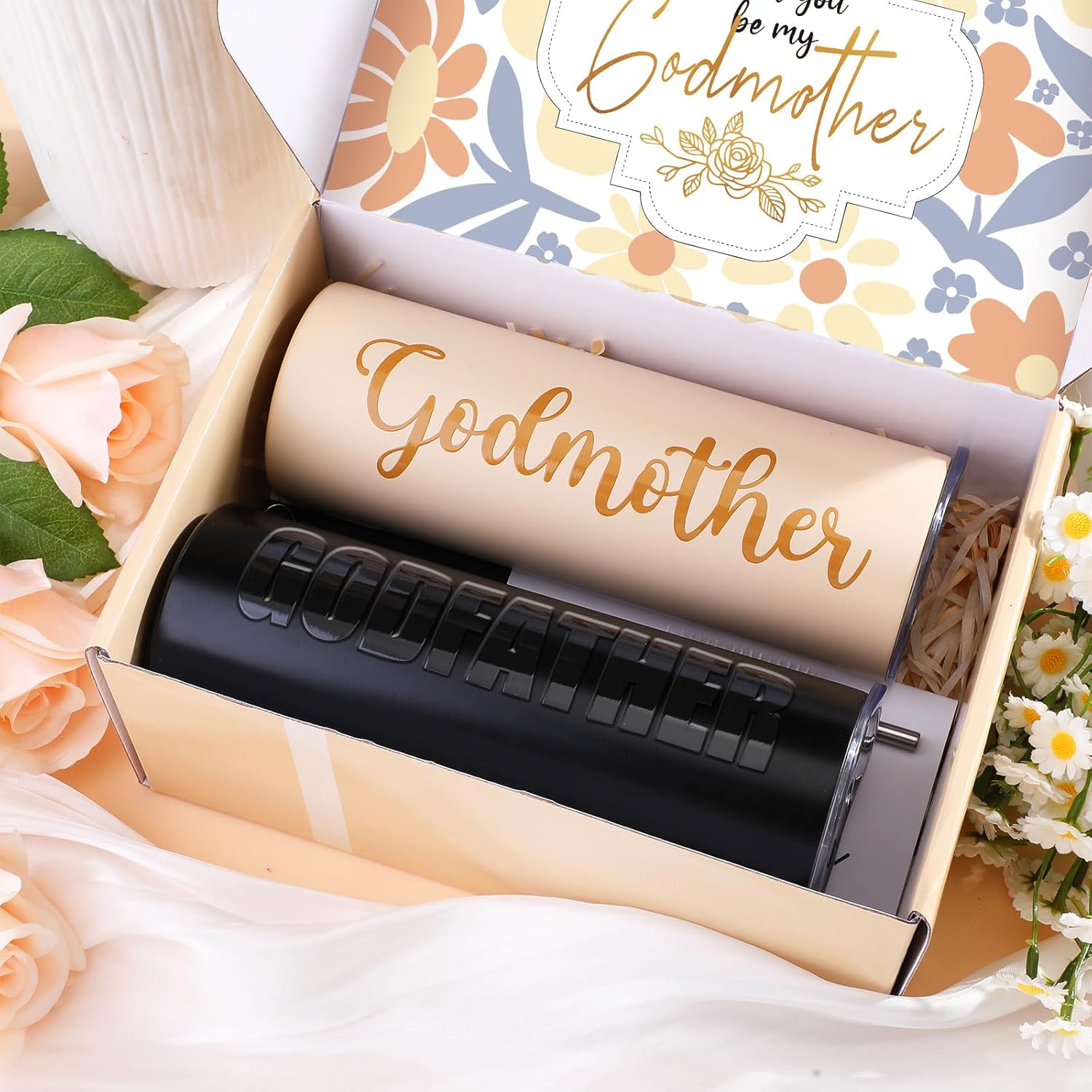 Mimorou 7 Pcs Godparents Proposal Gift Set Will You Be My Godparents from Godchild Godmother Godfather Gift with Tumbler Keychains Cards Box for Birthday Baptism (Champagne Black)