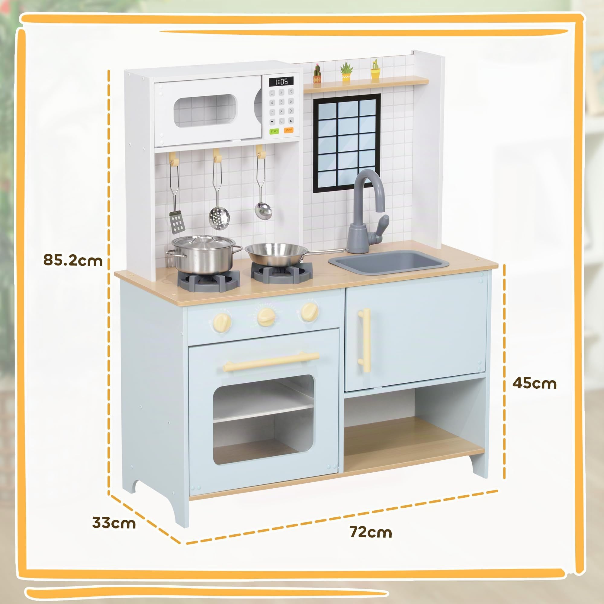 AIYAPLAY Cucina Giocattolo per Bambini 3+ Anni 72x33x85.2 cm Bianco Blu | Armadietti e Fornelli, in Acciaio Inox, Legno e PP