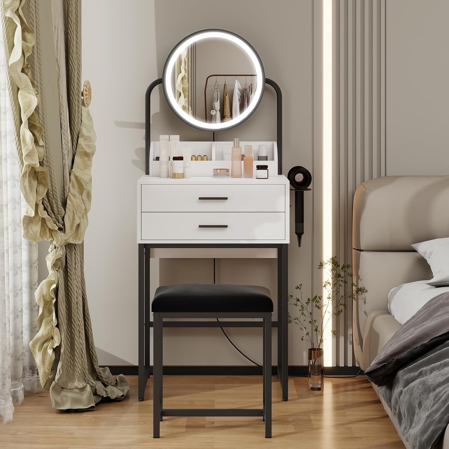 YU YUSING Toeletta Trucco con Sgabello Comodo, Scrivania Trucco con Specchio con Luce, Tavolo da Trucco con 2 Cassetti e 2 Ripiani, Set Toeletta Moderno per Camera da Letto, Bianco e Nero