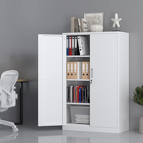 Miniatura 4 de Armario de almacenamiento de metal con puertas de bloqueo y 3 estantes ajustables, armarios de almacenamiento de acero con cerradura de 53.5