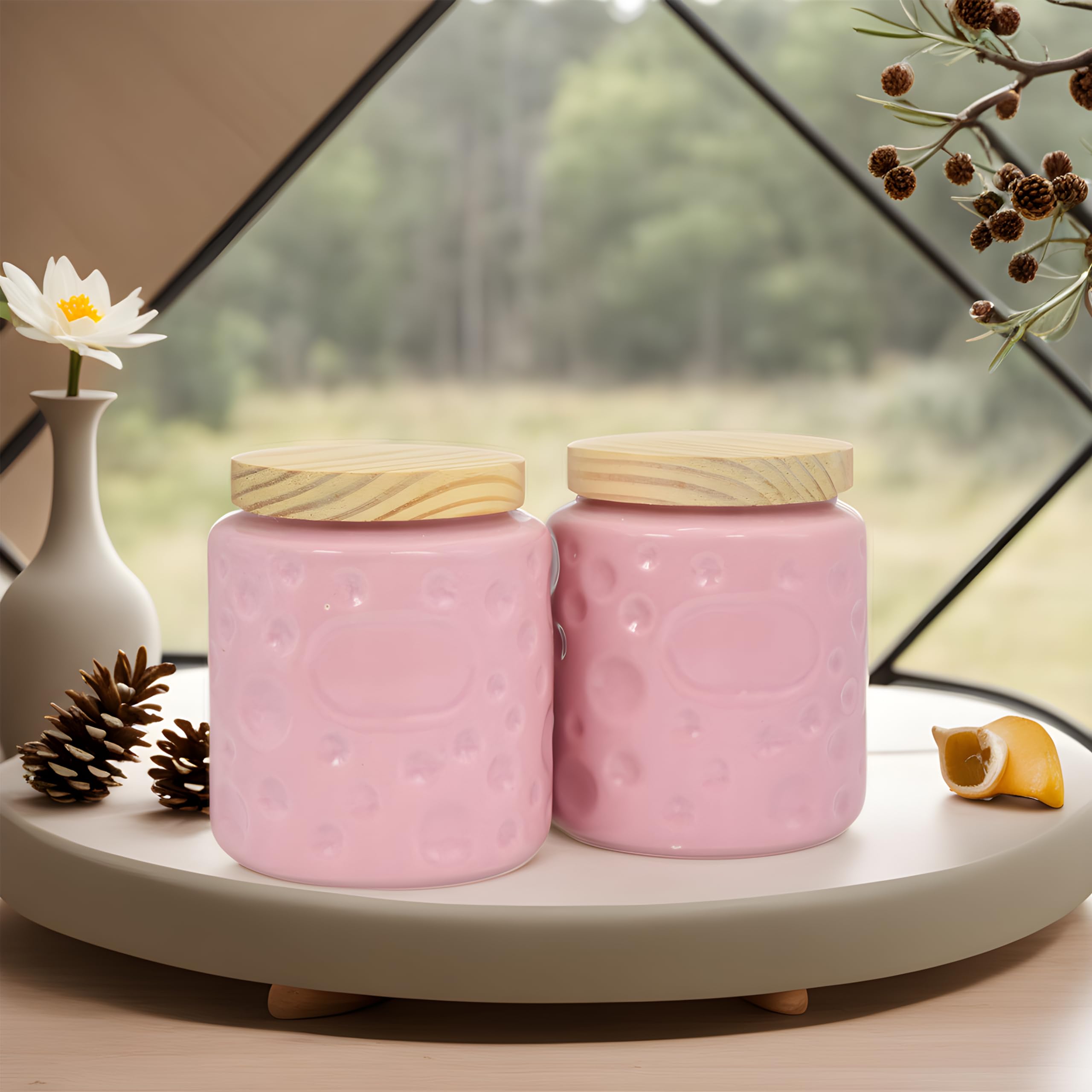KANSAL'S Round Premium Ceramic Handmade Air Tight Storage Jars - Set of 2 with Wooden Lids, 500 ML (Pink)