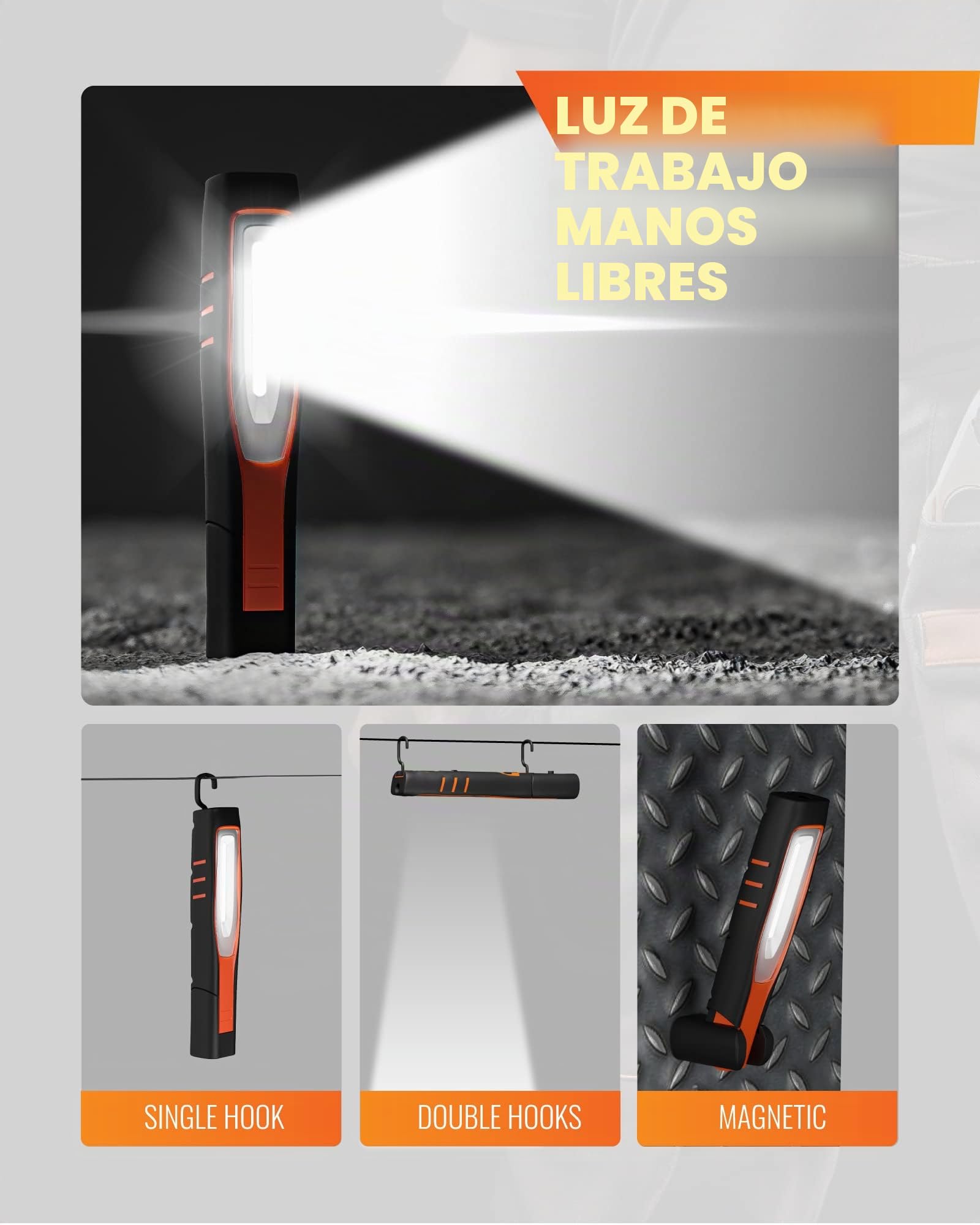 ENUOTEK Lámpara Linterna de Trabajo de Mano Taller | IP65, COB LED 7W, Recargable Portátil, Batería de Litio 2600mAh, Imanes Potentes y Dos Ganchos