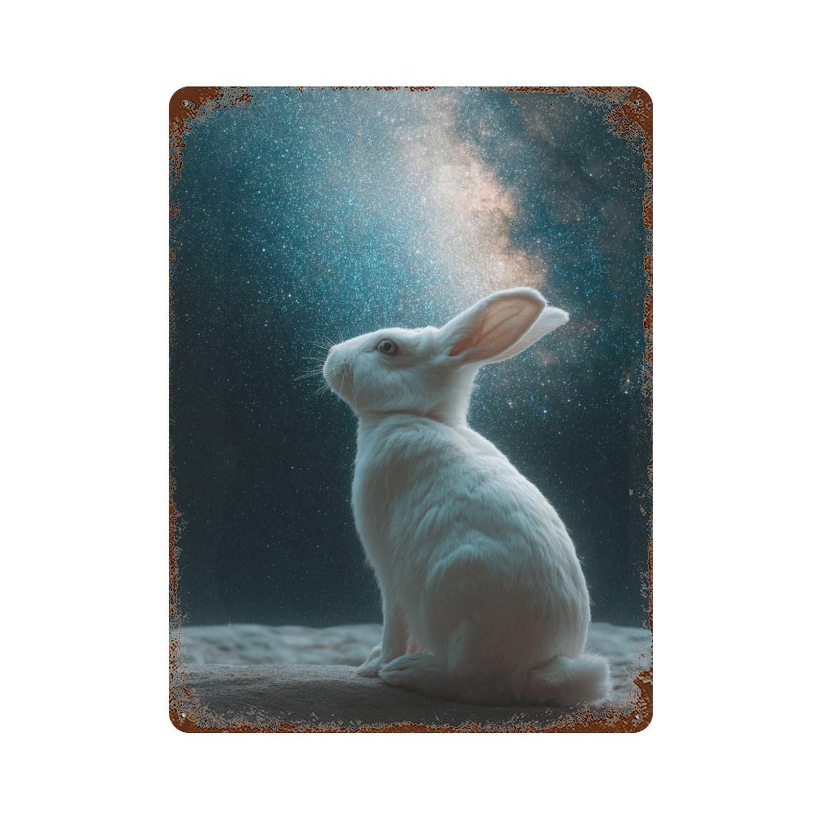 Vintage Rust Metal Sign Starry Night Bunny 15.7"x11.8", Industrial Home Decor for Farmhouse, Kitchen And Entryway Decor