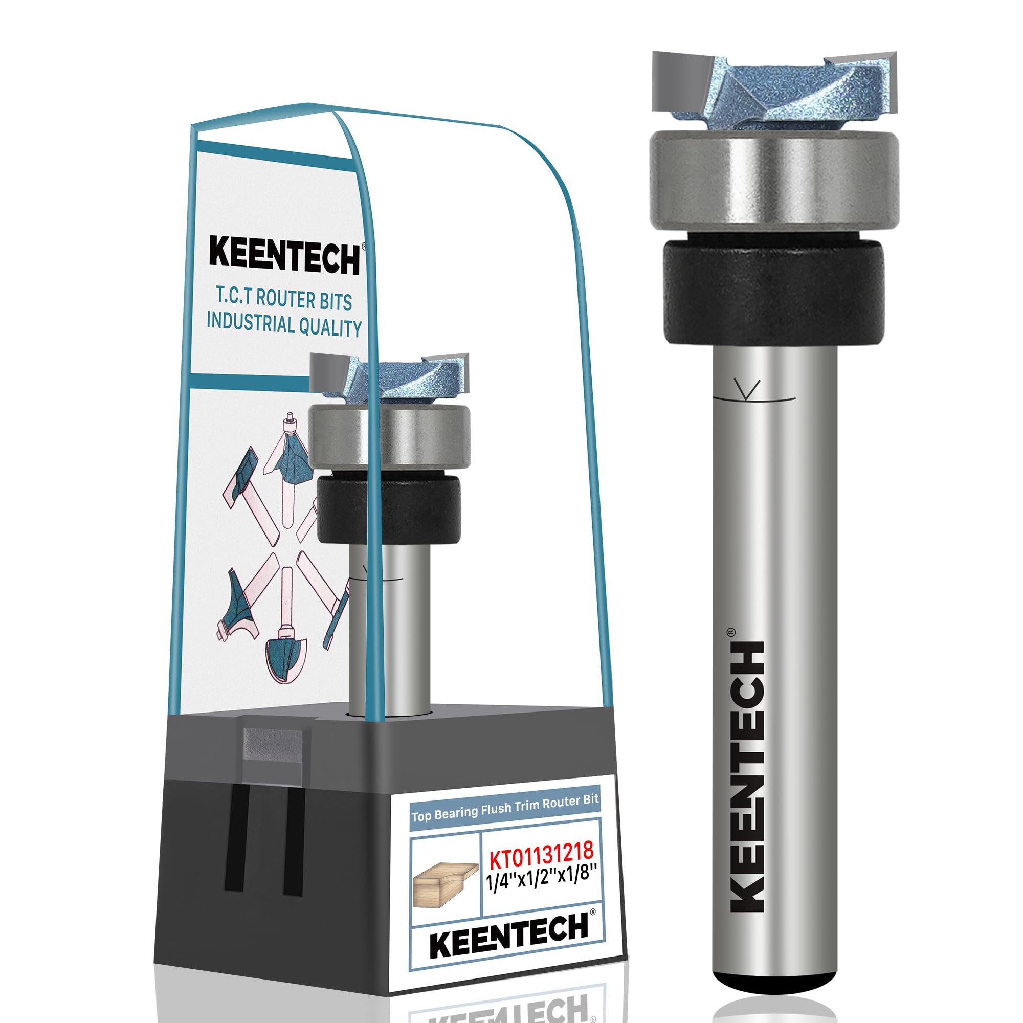 Photo 1 of KEENTECH 1/4" Shank Flush Trim Router Bit with Top Bearing, Carbide Tipped Pattern Bit for Woodworking, Heavy Duty Template Cutting Tool, 1/2" Diameter x 1/8" Cutting Depth