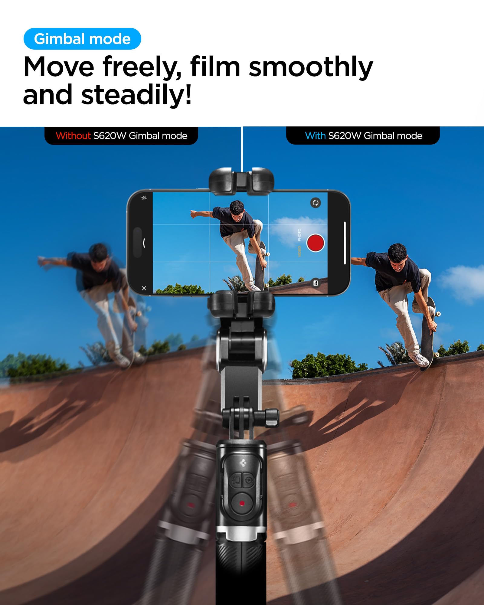 Spigen S620W Stabilizzatore Gimbal per Smartphone con Treppiede a Riconoscimento Facciale, Supporto per Selfie Rotabile Verticale e Orizzontale, Include Luce LED e Telecomando Bluetooth - Nero