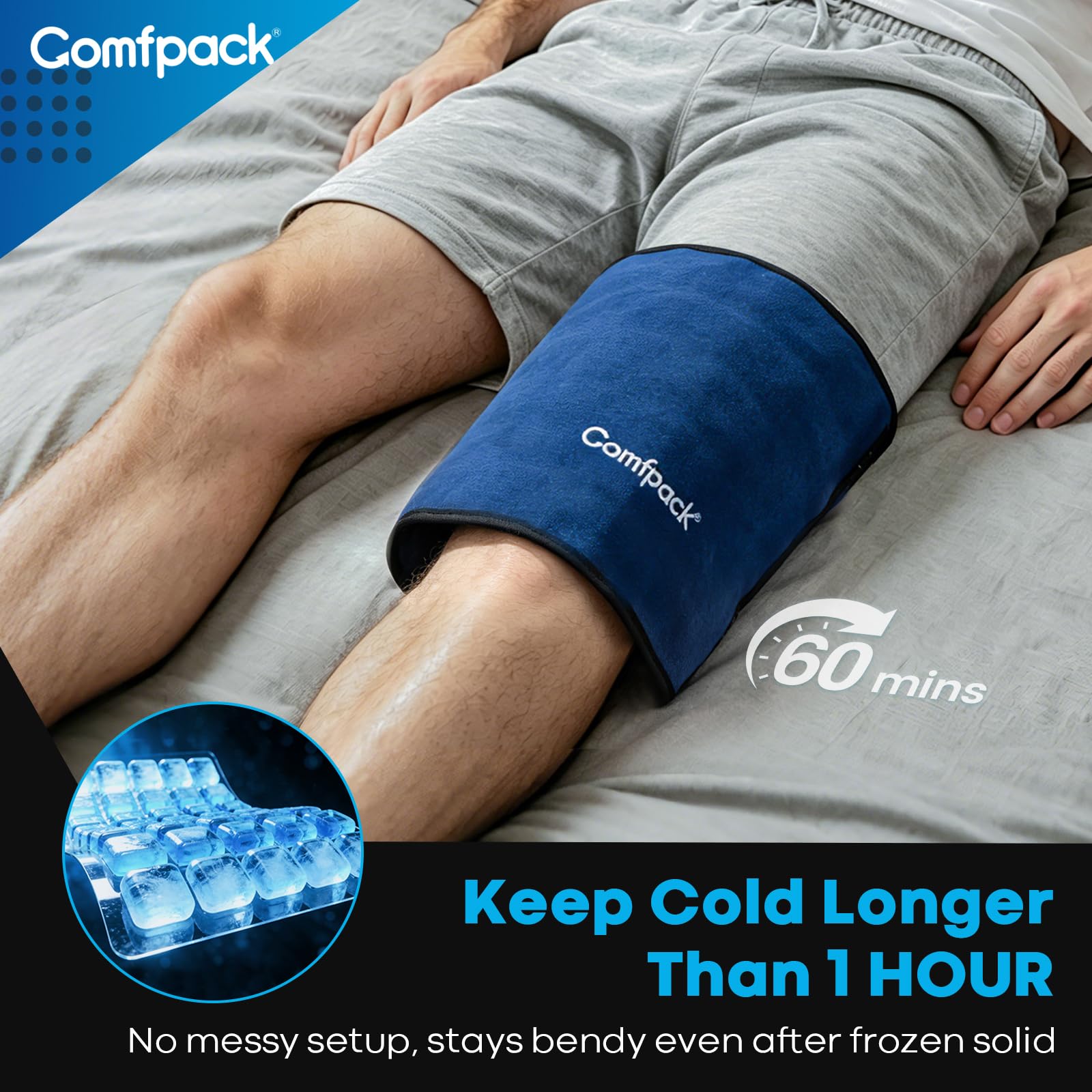 Comfpack Ghiaccio per terapia del freddo di 1 ora, riutilizzabile, per gonfiore post-operatorio, design flessibile a sezioni, sollievo dal dolore a ginocchia e spalle, artrite, distorsioni, strappi