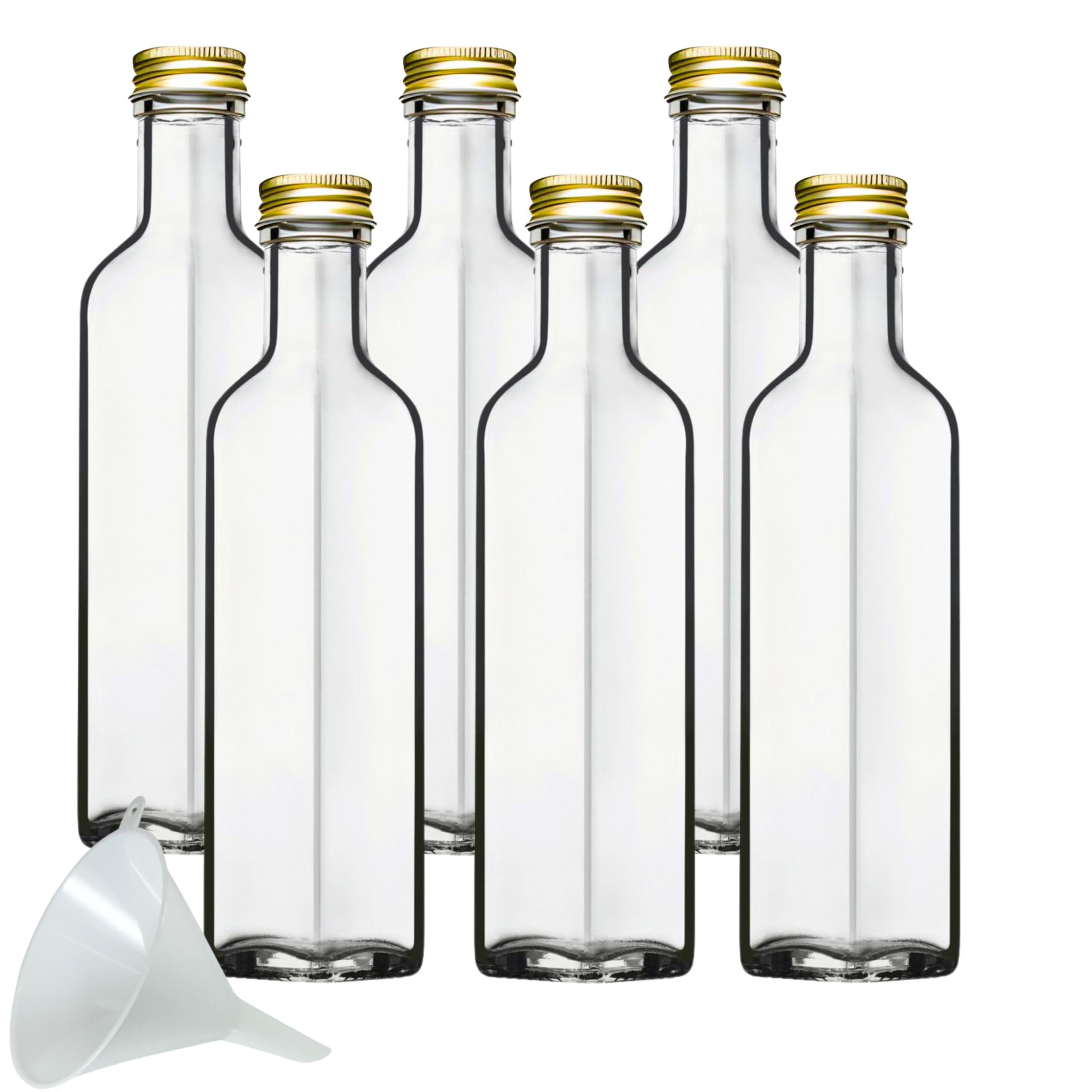 Mikken White Viva Haushaltswaren Glass Bottles With Screw Tops 250 Ml (Pack Of 6) And Funnel (7 Cm Diameter)