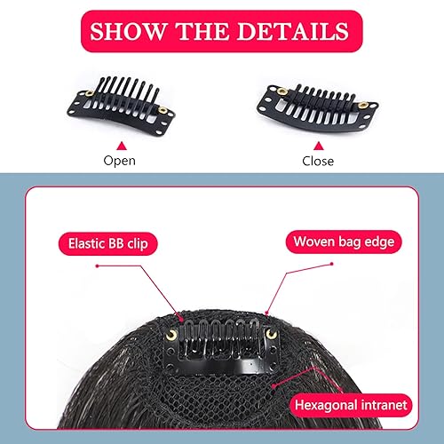 Miniatura 8 de 2 piezas de flequillo con clip de cabello humano real, flequillo falso con clip para el cabello para mujeres, flequillo tenue curvado con postizos