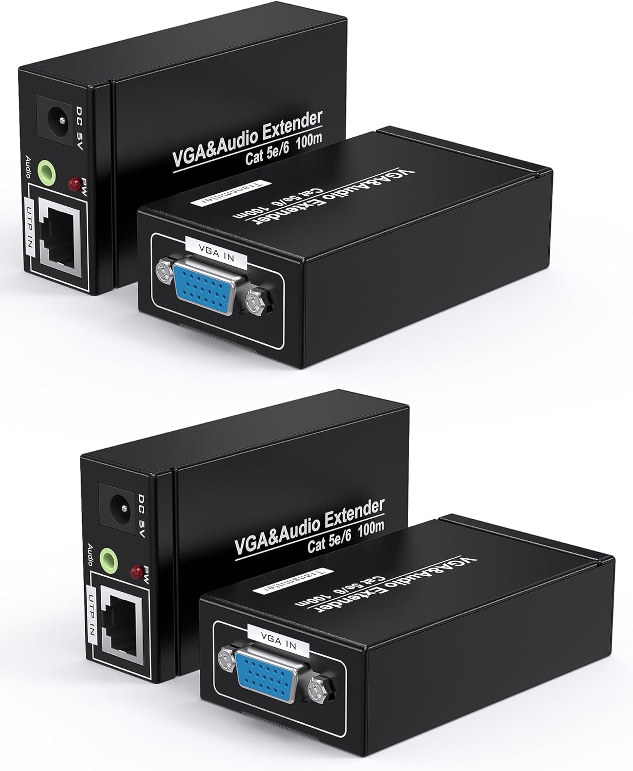 2 Pack VGA Extender Over Cat6 Cat5e up to 328ft / 100M Video VGA Extension Adapter Over RJ45 Ethernet Cable (Transmitter + Receiver)