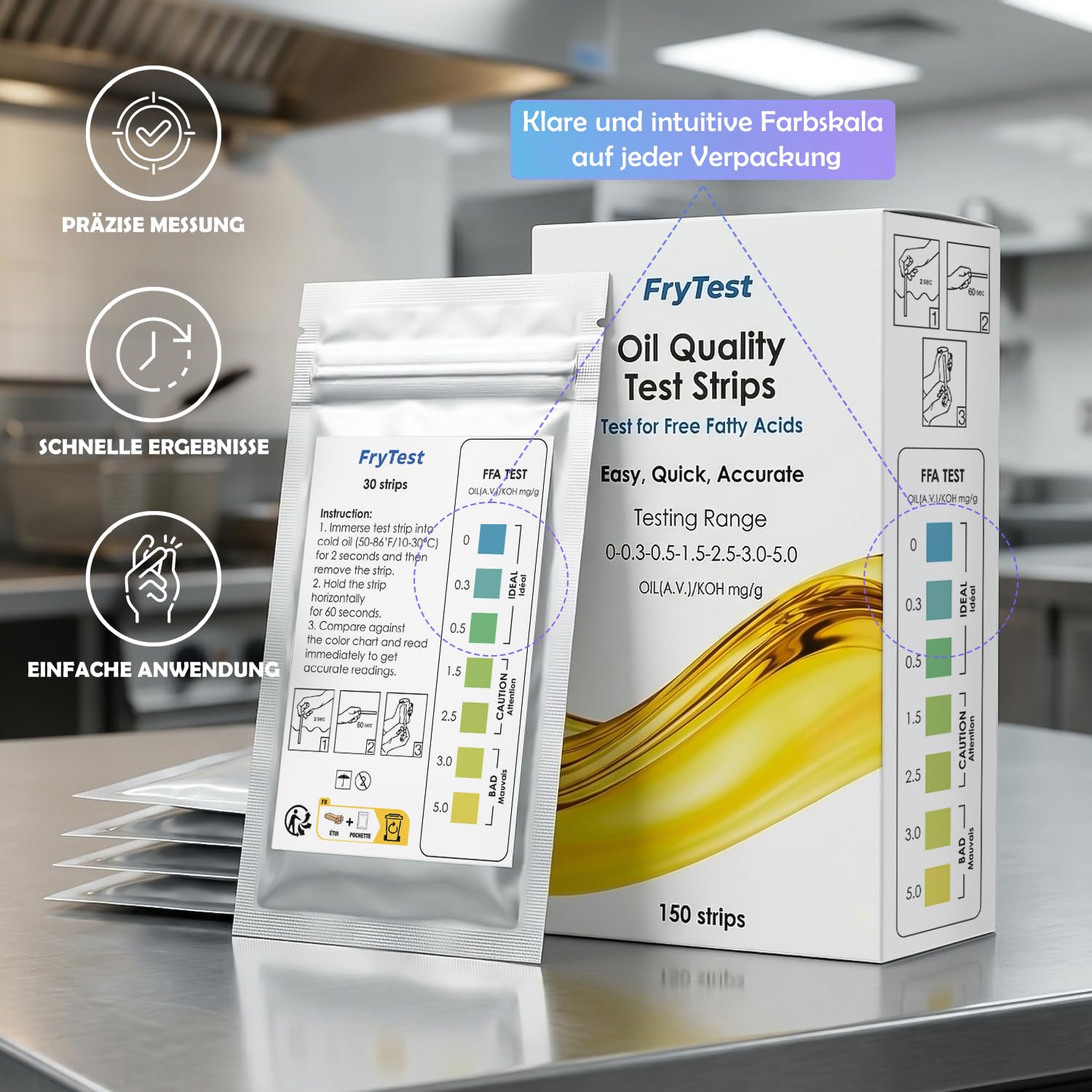 Frittieröl Teststreifen FFA – GRATIS-APP INKLUSIVE – HACCP Qualitätskontrolle – ISO 9001 zertifiziert – 150 Teststreifen – Fritteusen-Öltester Restaurants Profiküche