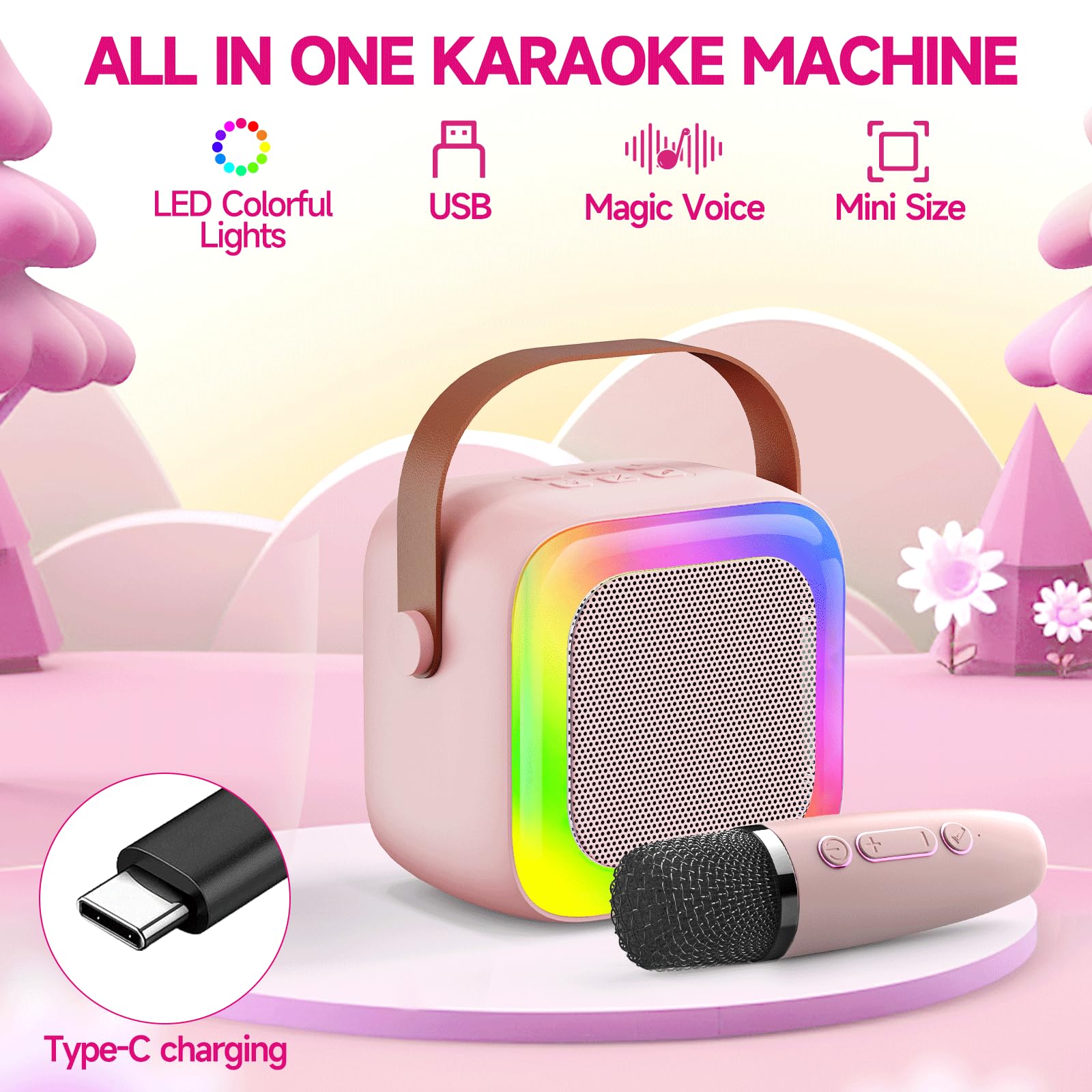 Altavoz inalámbrico para máquina de karaoke, mini karaoke para niños de 3 a 5 años, niñas y niños con micrófono integrado para cantar, máquina de karaoke para niños, micrófono pequeño y 3