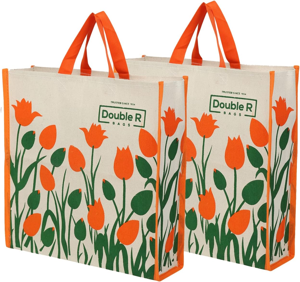 DOUBLE R BAGS Reusable Multi-Purpose Shopping Bags with Handles for Grocery, Vegetables & Kitchen Essentials | Eco-Friendly Tote Bag (Pack of 2, Flower Print, White, 35.6X35.6X12.7 cm, 1 Compartment)