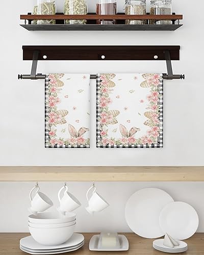 Miniatura 3 de Juego de 2 toallas de cocina de tejido de punto gofre de algodón, con orejas de conejo de Pascua, huevos florales de primavera, a cuadros, 16 x 24