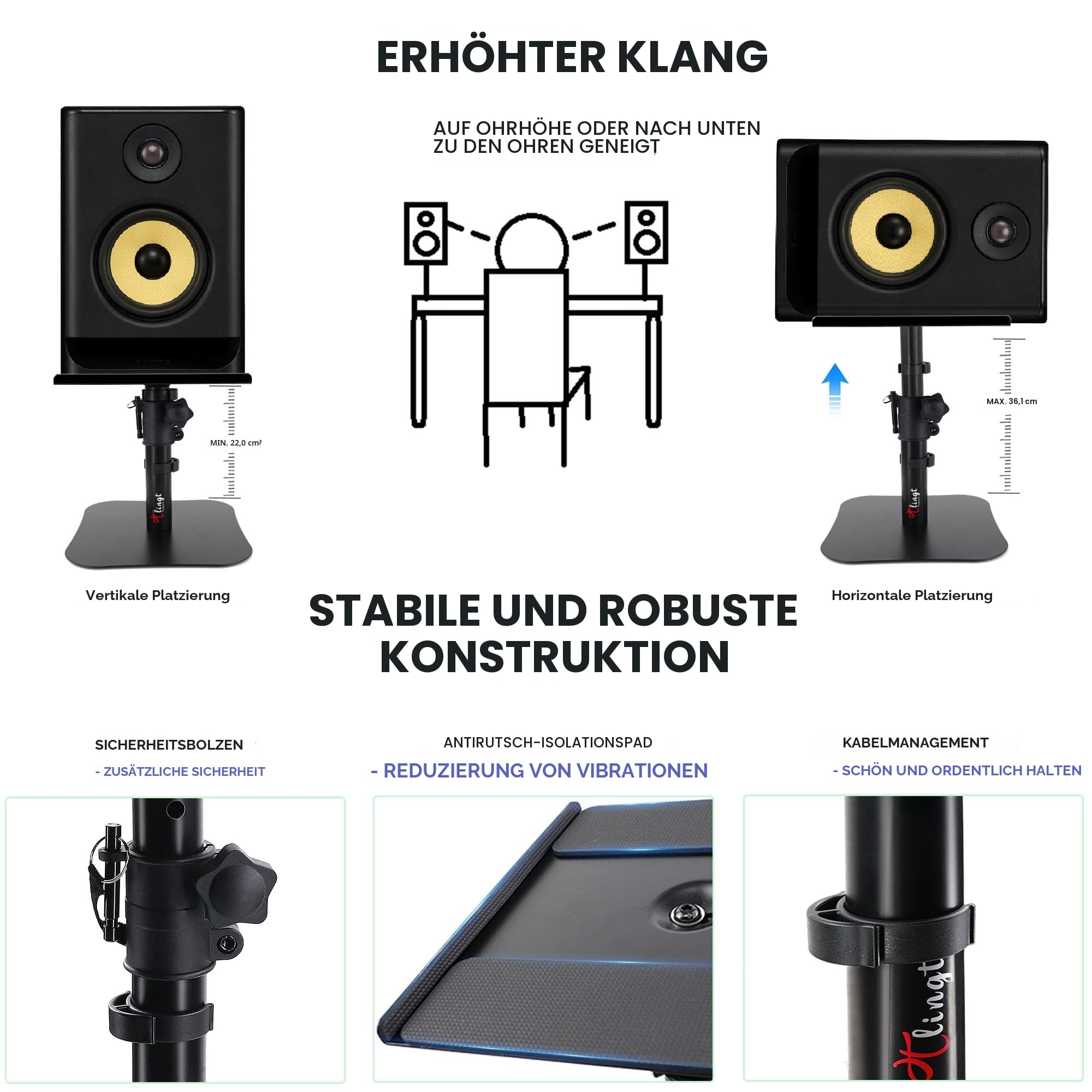 Studio-Monitor- und Lautsprecherständer, Desktop-Ständer, 2er-Set, 24 x 22.5 cm großer, neigbarer Metallablage