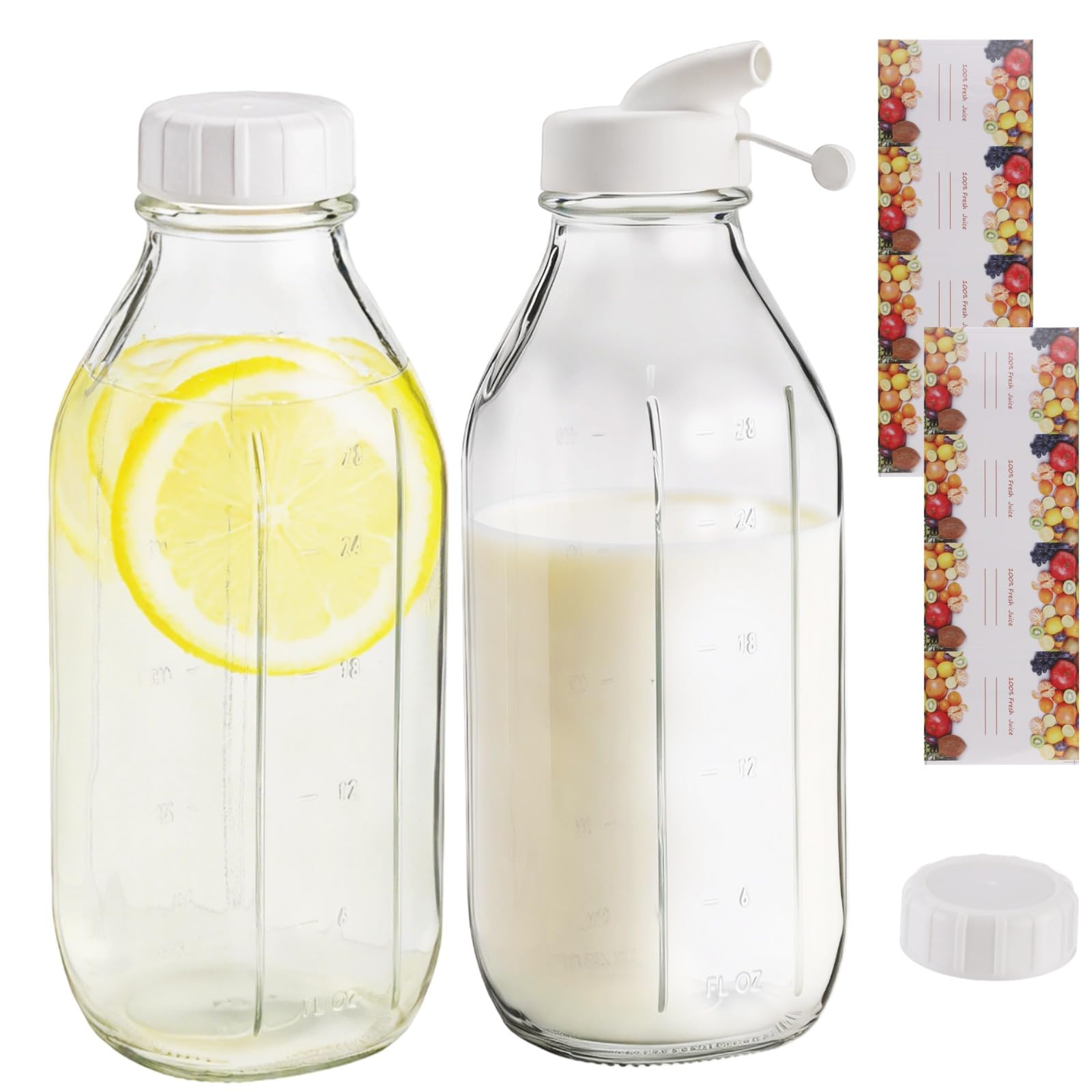 2 PCS Glass Milk Storage Bottles, 800 ml 28 oz Juice Bottle with Pour Spout Lid, Reusable Clear Glass Container with 2 Plastic Lids 1 Silicone Lid 8 Stickers for Fridge Smoothie Beverage Cereal Grain