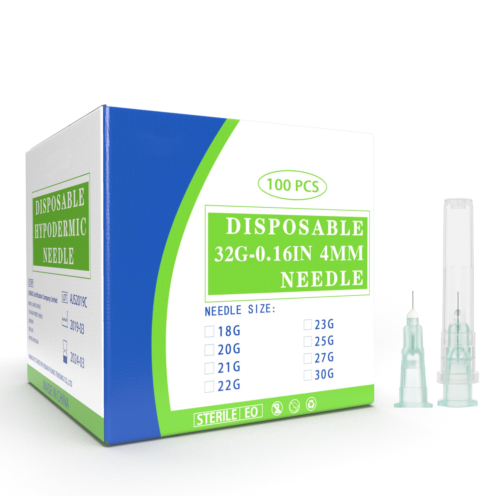 32G Disposable Luer Lock Accessories 4/25in (4mm) Needle, Individually Sterile Sealed, Pack of 100
