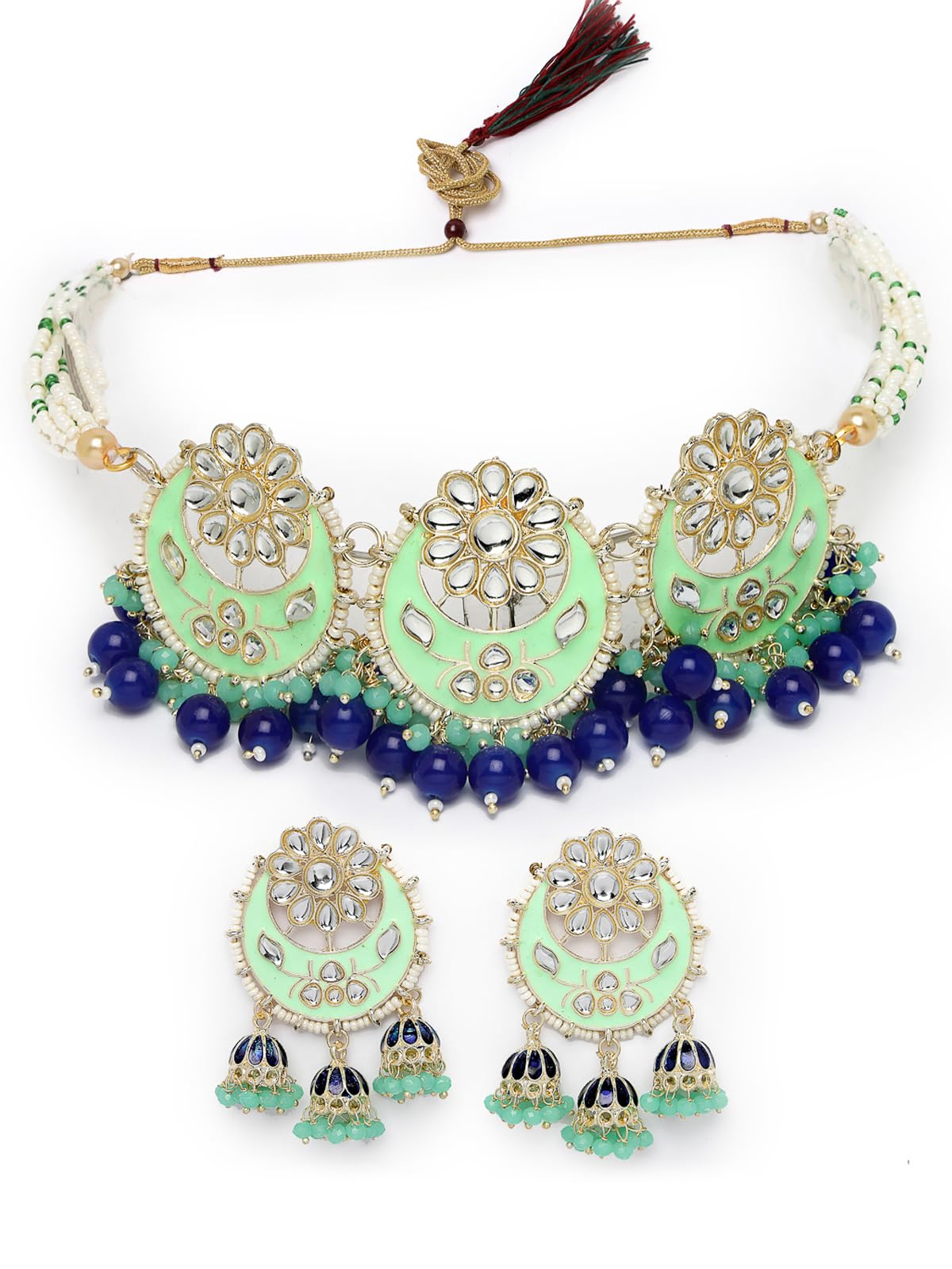 Studio Sukkhi Fashionable Gold Plated Kundan Studded Meenakari Multistrand Mint Green Blue Choker Necklace Set With Jhumka/Jhumki Earrings | Jewellery Set For Women And Girls (NS105840) (B0CPLYRH8K) Amazon Price History, Amazon Price Tracker
