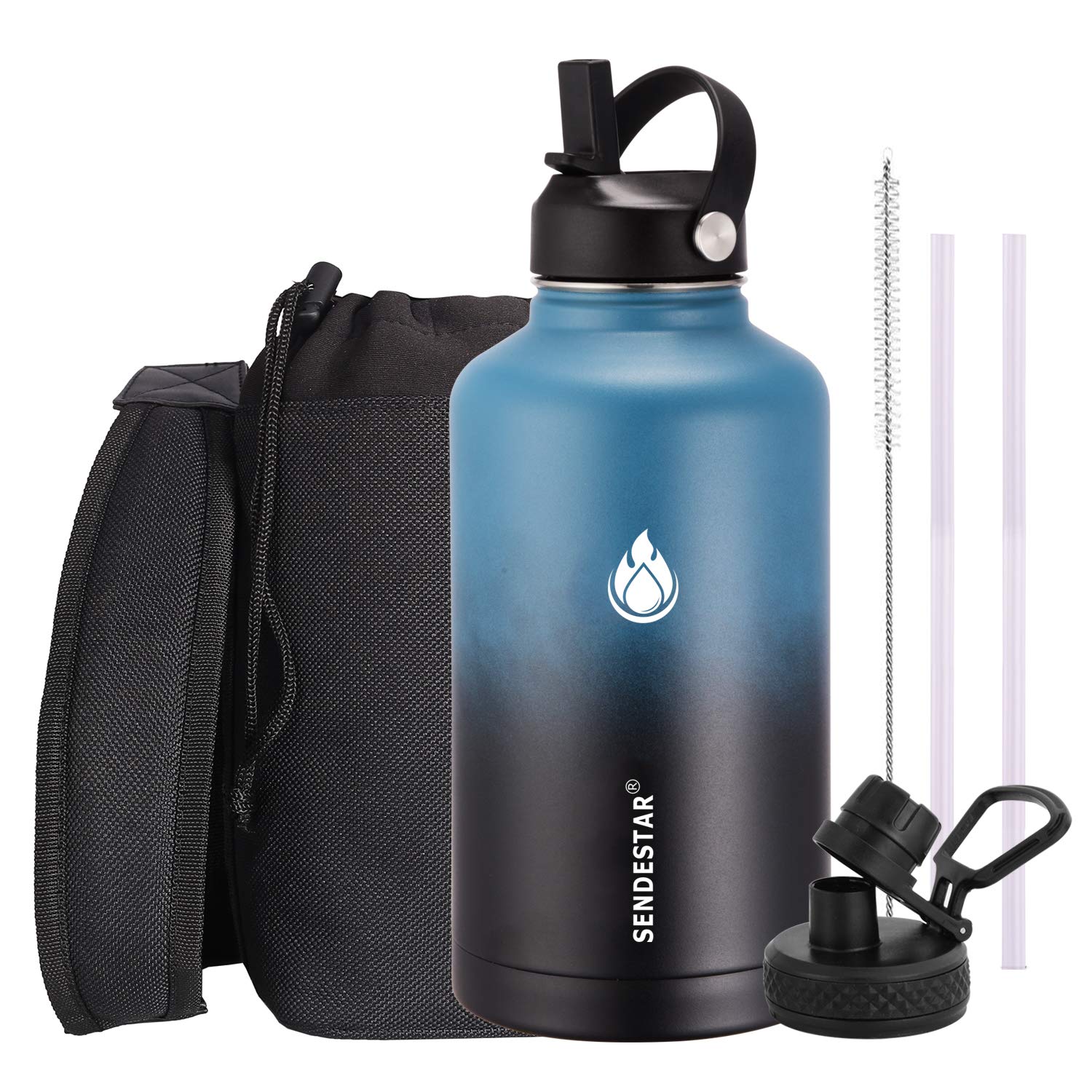 SendestarWater Bottle 64oz Double Wall Vacuum Insulated Leak Proof Stainless Steel Sports Water Bottle—Wide Mouth with New Flex Straw Lid & Spout Lid (Deep Blue&Black)
