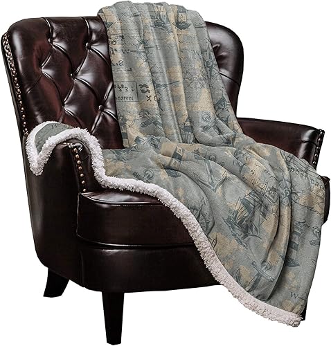 Miniatura 2 de Sherpa Blanket Flannel Fleece Throw,Retro Ocean Map Anchor Lighthouse Soft Warm Blankets TV Throws,Nautical Coastal Thick Reversible Blanket for