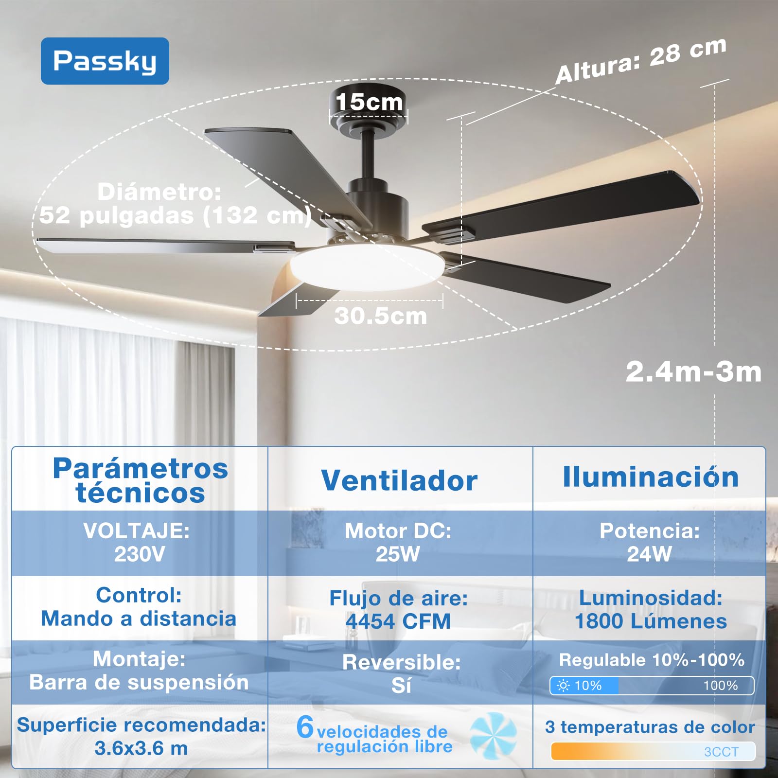 Passky Ventilador de Techo con Luz LED Mando 132cm Silencioso Negro | 5 Aspas Doble Face Temporizador Motor DC 3 Luces Regulables 6 Velocidades Reversible Verano Invierno Int/Ext Salón Dormitorio