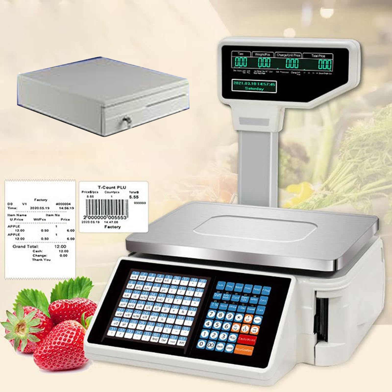 MYUYEE Price Computing Scale With Dual Display,Cash Register,Label Printing, Scanner,30Kg Digital Scales For Supermarket/Retail (A+Cashbox)