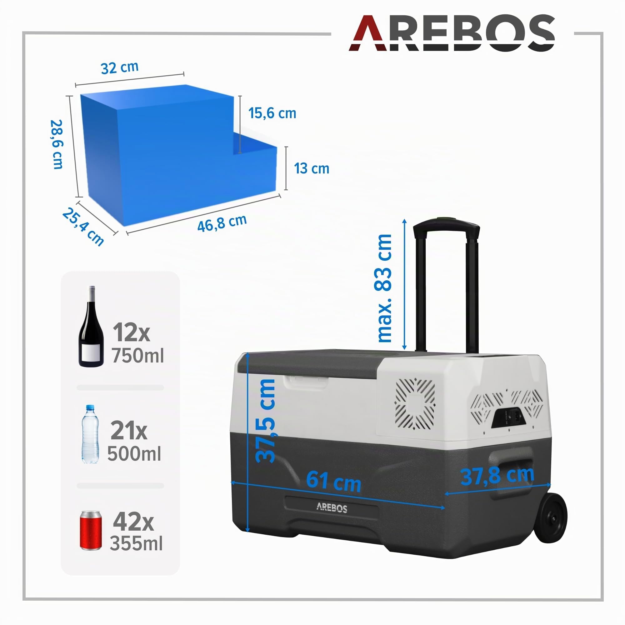 Arebos Compressore frigorifero con ruote, 27 litri, congelatore elettrico con app e controllo intelligente, porta USB fino a -20 °C, 12/24 V, 230 V, per auto, camion