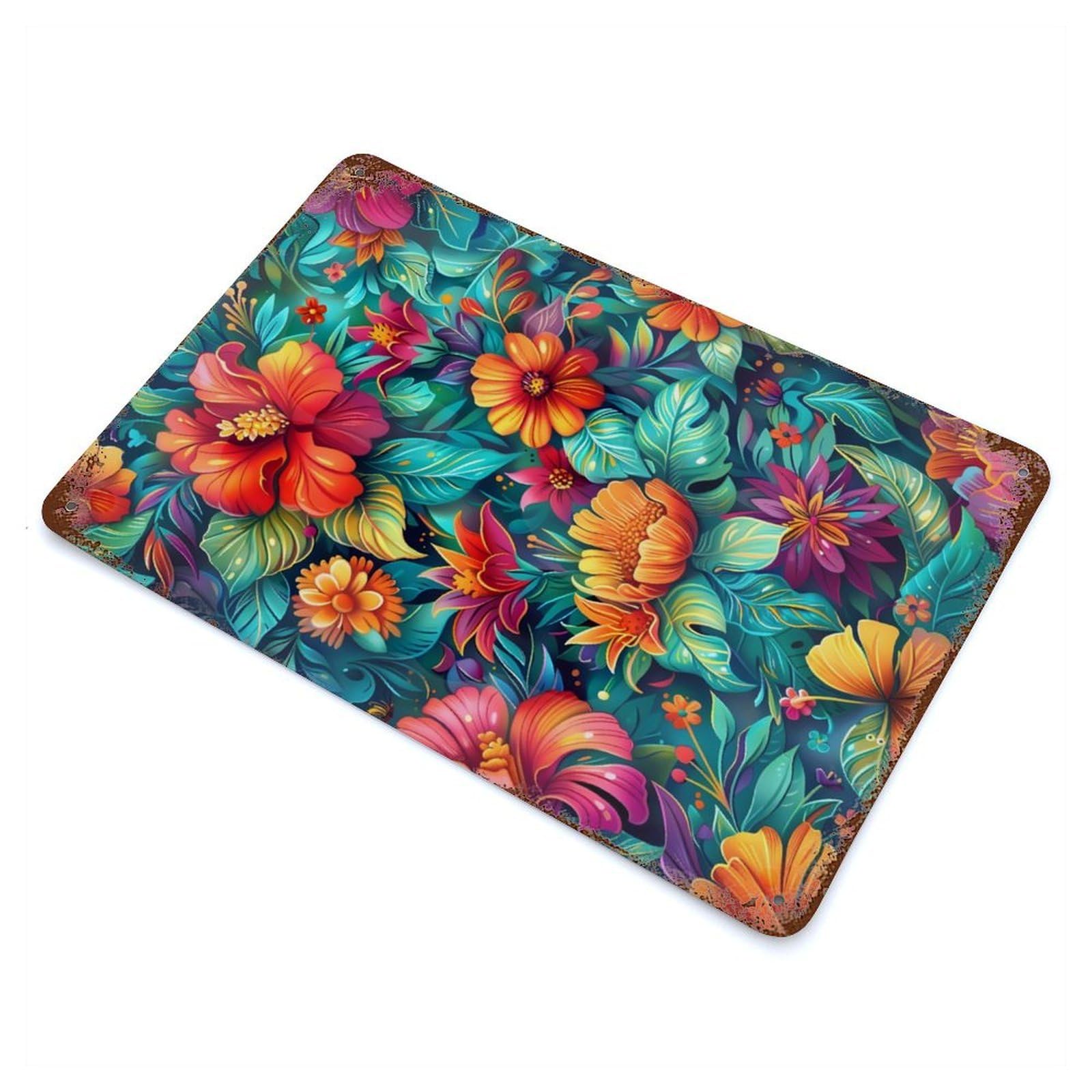 Floral Fantasy Rust Effect Tin Sign 11.8"x7.9", Ideal for Garage, Bar And Workshop Decor