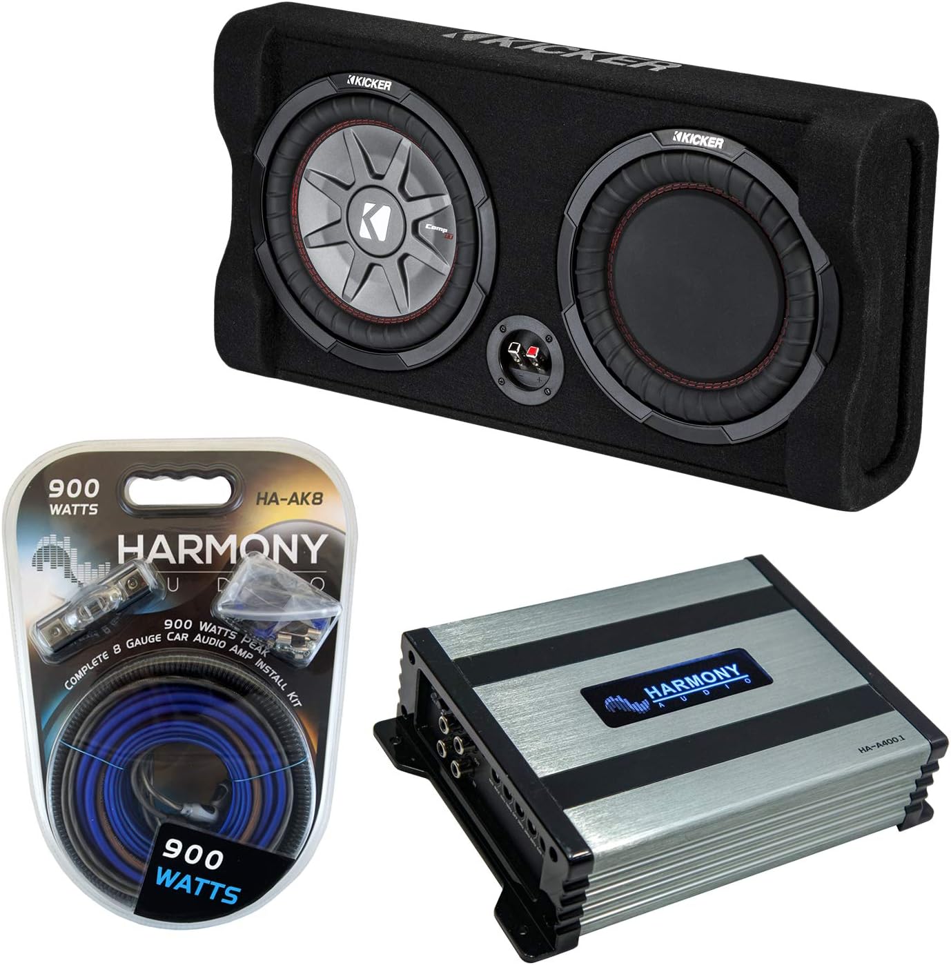 Harmony Audio Kicker 47TRTP122 Car Audio Down Firing 12" Thin Sub Box Passive Radiator Bundle with Harmony HA-A400.1 Amplifier & Amp Kit