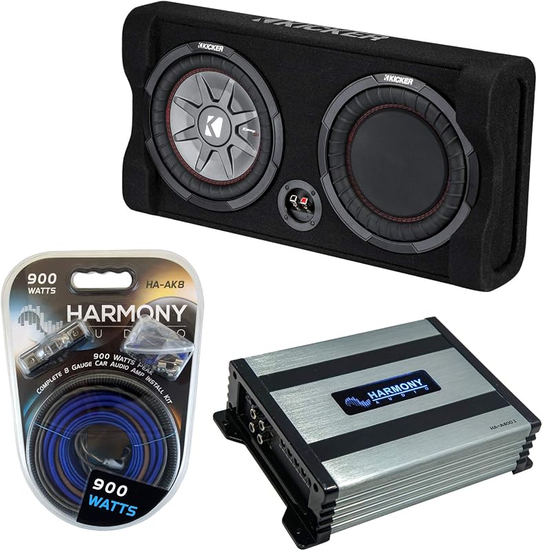 Kicker Down-Firing 12" Thin Sub Box with Amp 47TRTP122 | 12 inch shallow loaded subwoofer enclosure and amplifier combo package, passive radiator bass, wiring kit included