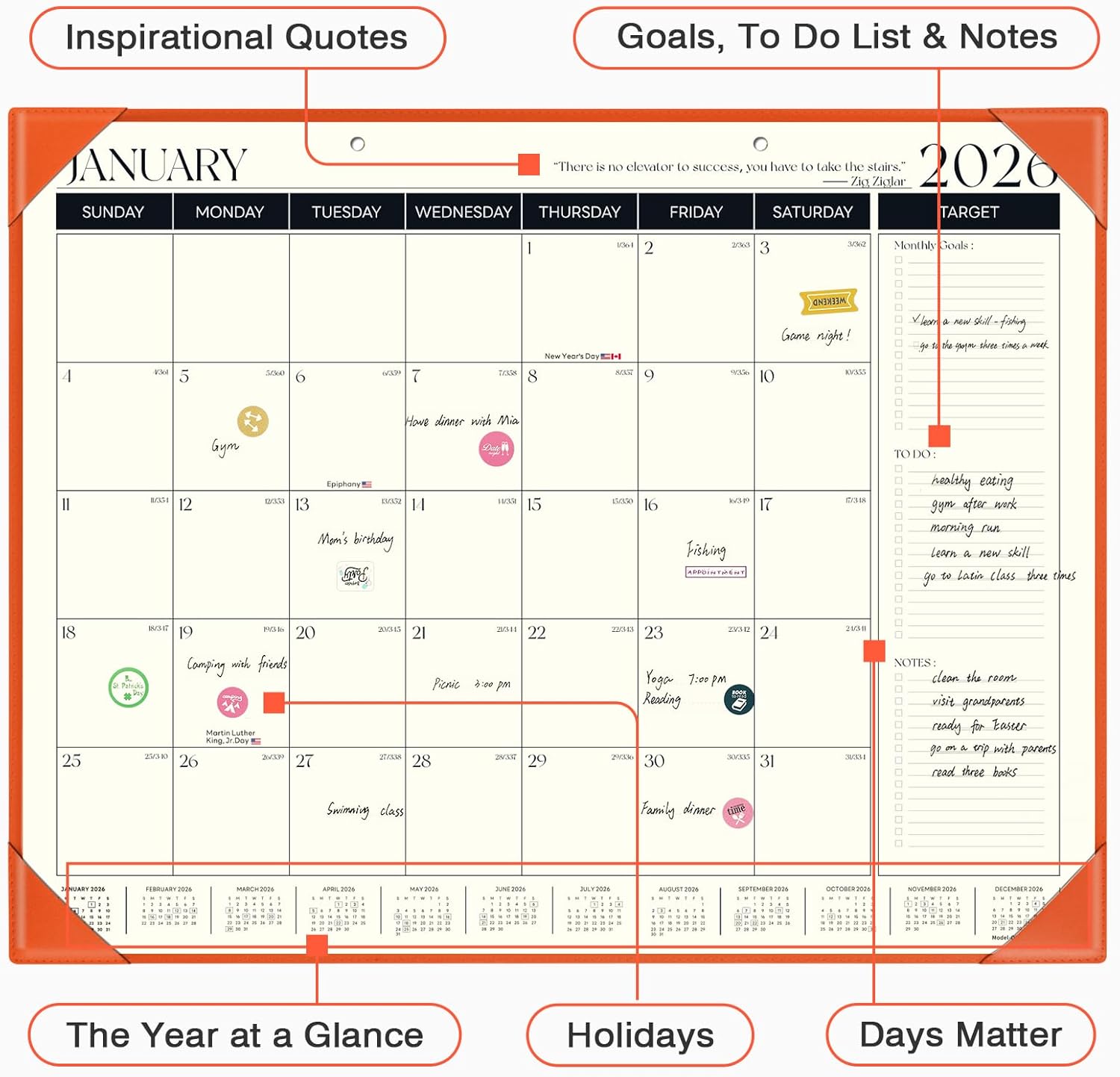 Ospelelf Large Desk Calendar 2026-2027 with PU Leather Pad, 18 Months Planner Pad from January 2026 - June 2027, 22" x 17" Wall Calendar with Protective Cover for Home or Office, Orange