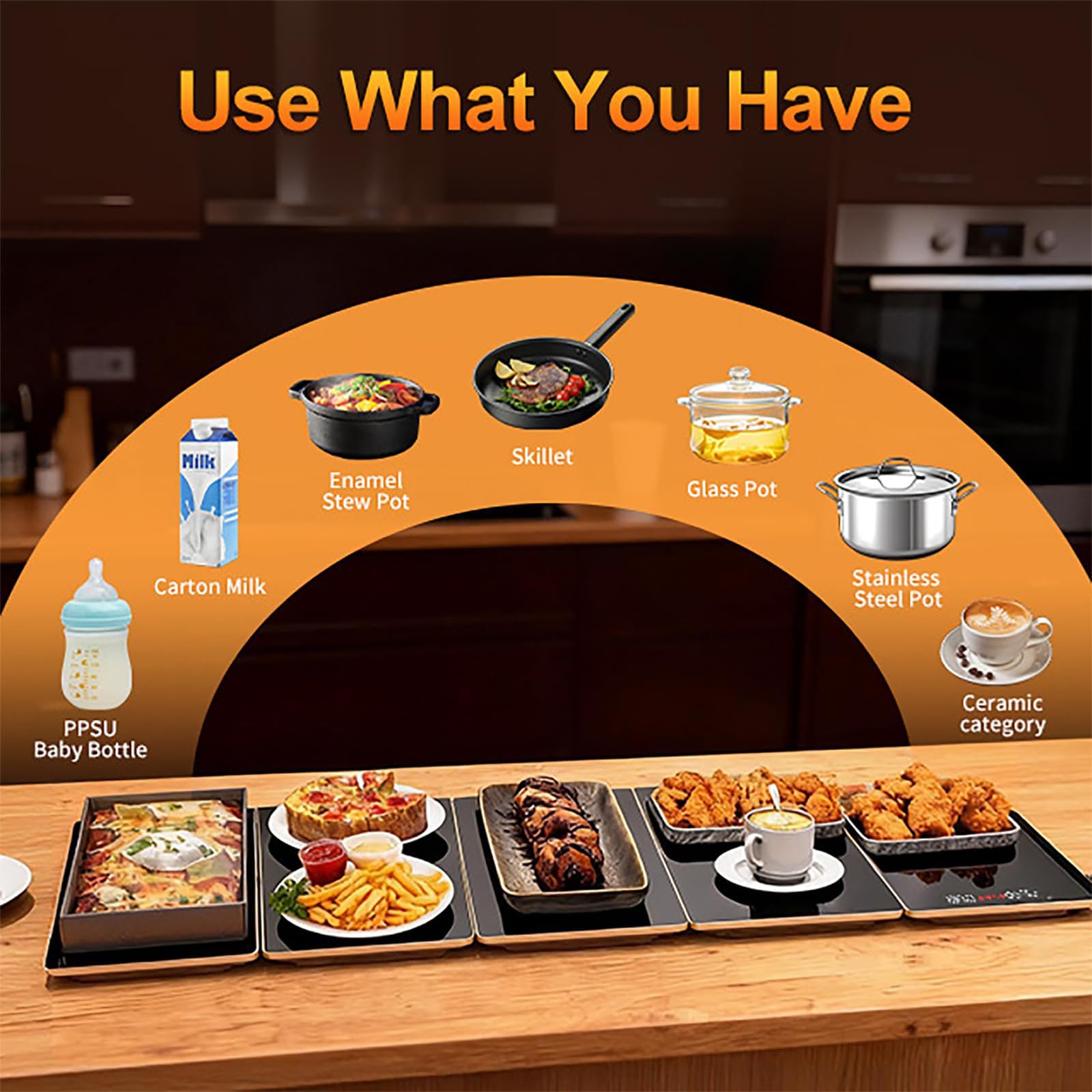 Bandeja modular de calentador de alimentos eléctrico, placa de calefacción de vidrio expandible, 10 ajustes de calor, servidor de buffet para fiestas, catering, cenas de cocina, fácil almacenamiento y