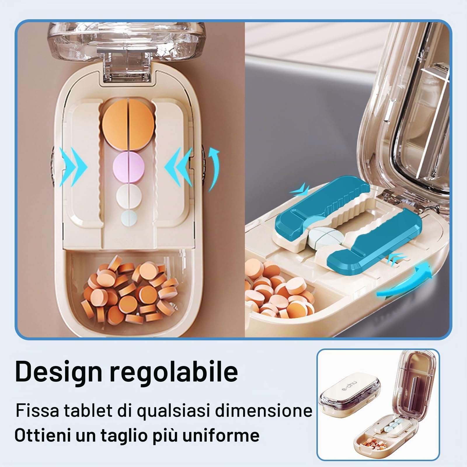 Taglia Pillole, Tagliapillole 1 su 4 per Compresse Piccole o Grandi, Taglia Pillole di Precisione per Dimezzamento, Taglio e Conservazione (Beige 1/4)