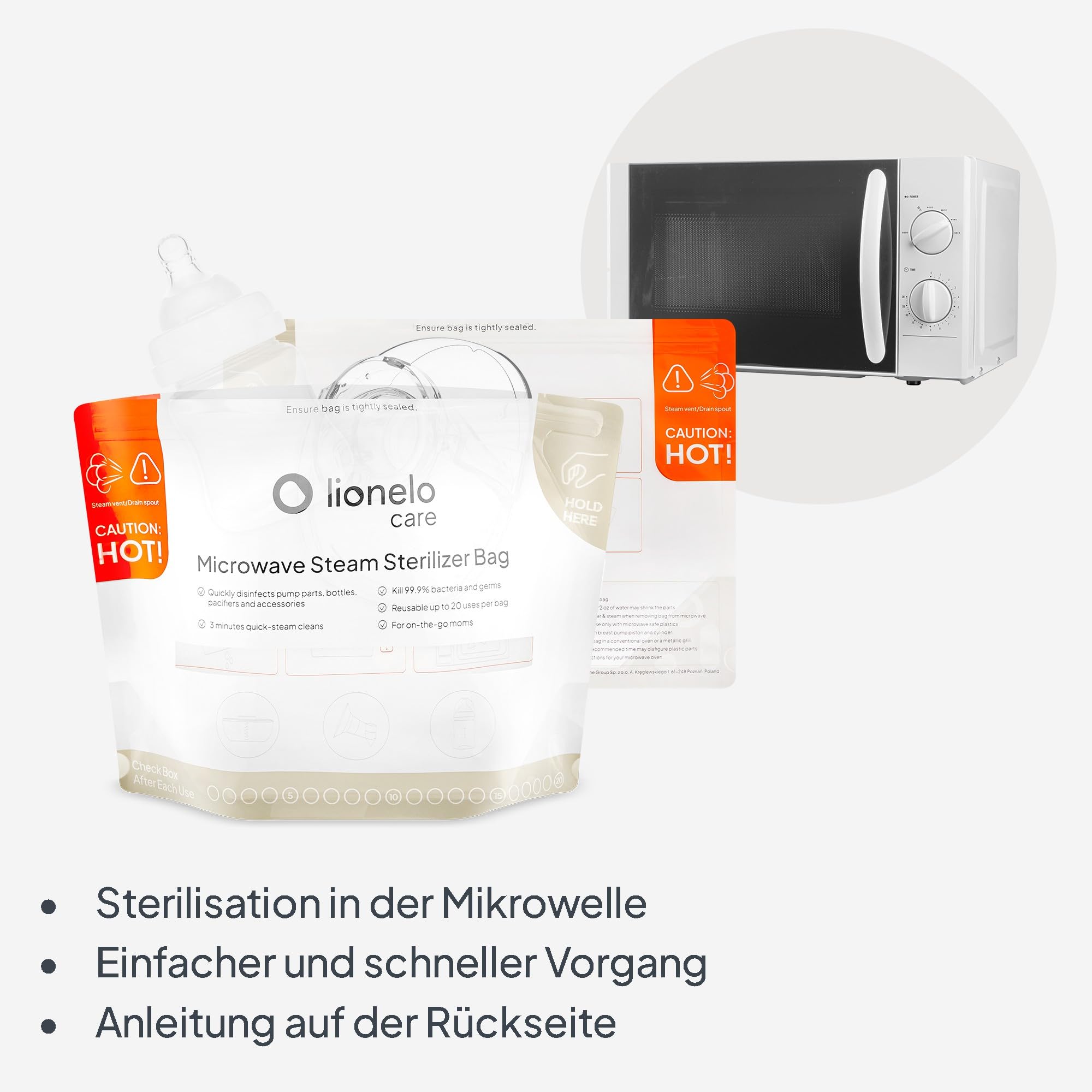 LIONELO ThermBag 8er-Pack Mikrowellen-Sterilisationsbeutel – Wiederverwendbar, BPA-frei – Für Babyflaschen, Schnuller, Milchpumpen – 90 Sek. Schnellsterilisation, Ideal auf Reisen