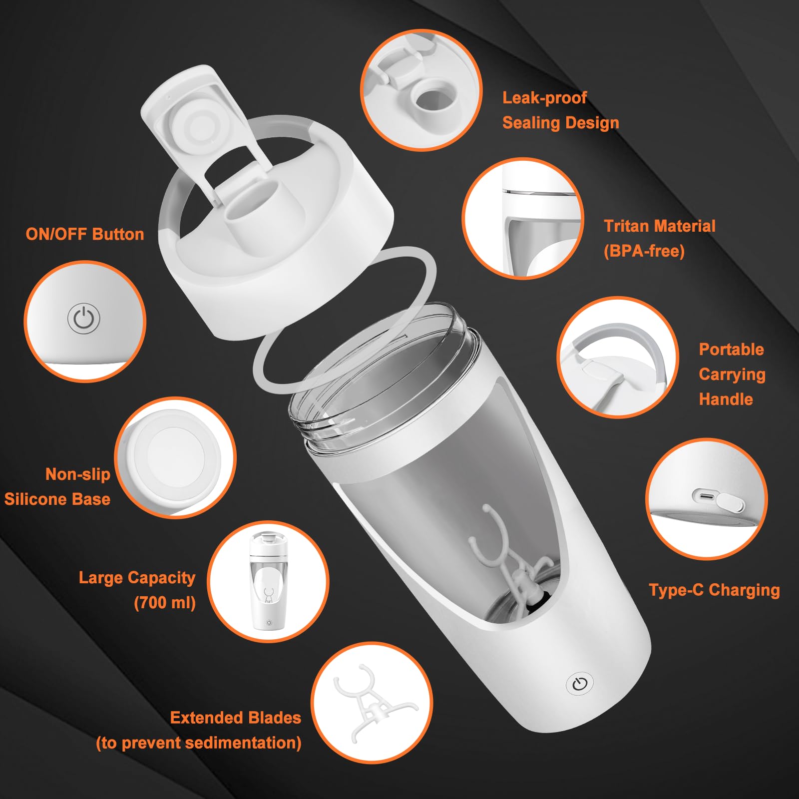 Shaker électrique de protéines de 700 ml avec stockage de suppléments, shaker pour boissons protéinées rechargeable par USB C, fabriqué en Tritan, puissant pour des boissons protéinées lisses, sans