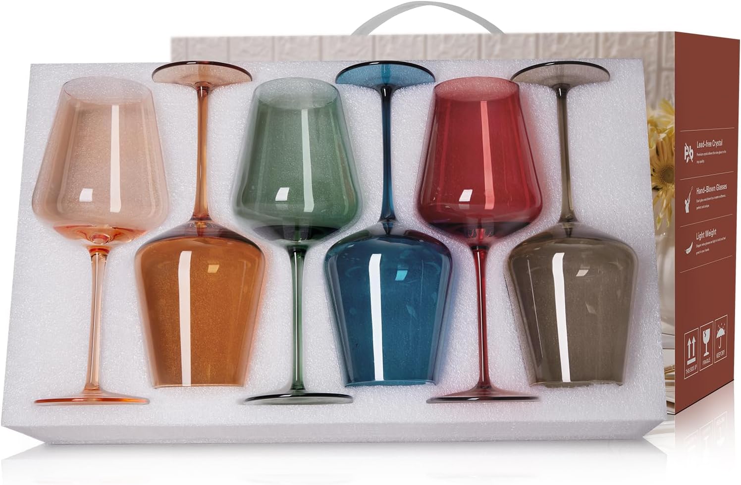 Colored Wine Glasses Set of 6-17oz, Hand Blown Crystal Colorful Wine Glasses with Long Stem,Unique Gift for Wedding, Birthday,Christmas