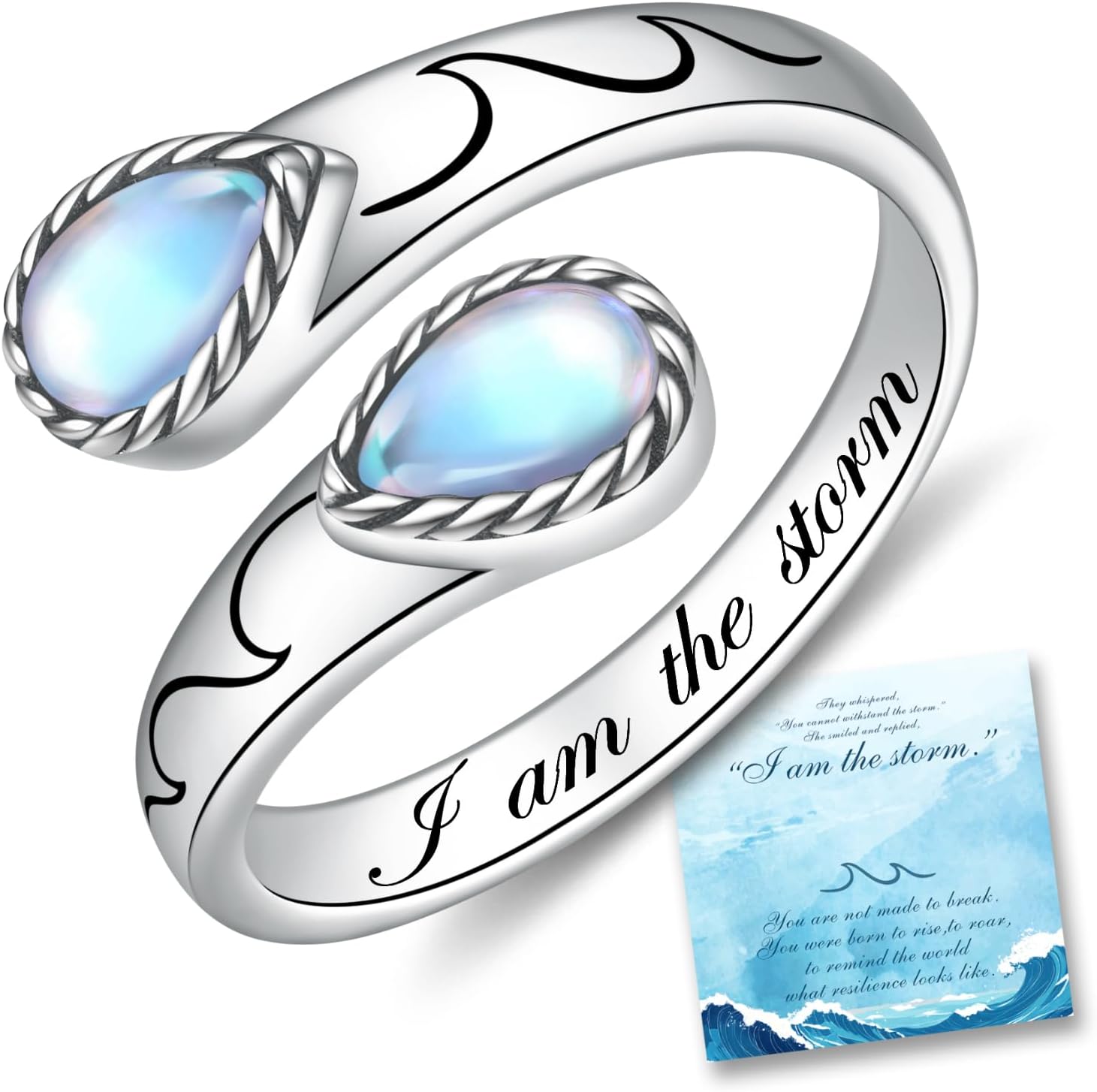 I Am The Storm Ring Sterling Silver Moonstone Ring Adjustable Open Ring Inspirational Jewelry Gift for Women