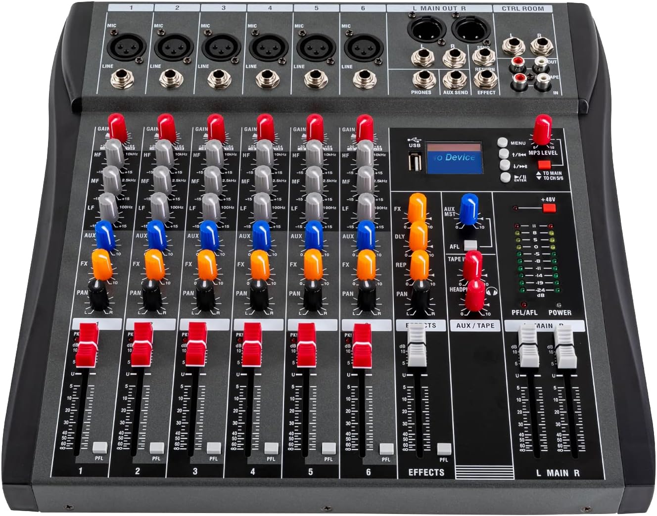 6 Channel Audio Mixer,Professional Sound System Mixer Board DJ Mixing Console,48V Phantom Power Audio Mixer,Bluetooth,Volume Fader,Professional Audio Mixer for Studio Karaoke Live Music
