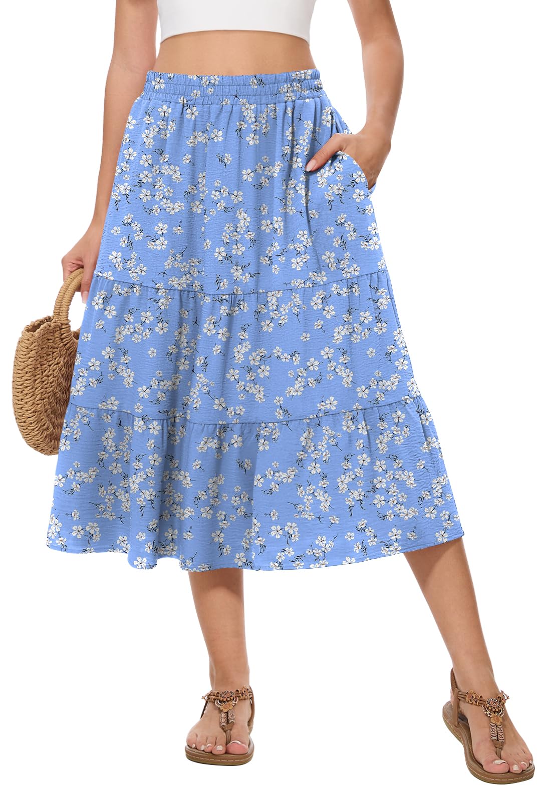 AYIFU Women's Summer Midi Skirt Tiered Flowy High Waist A-Line Elastic Ruffle Casual Skirts with Pockets