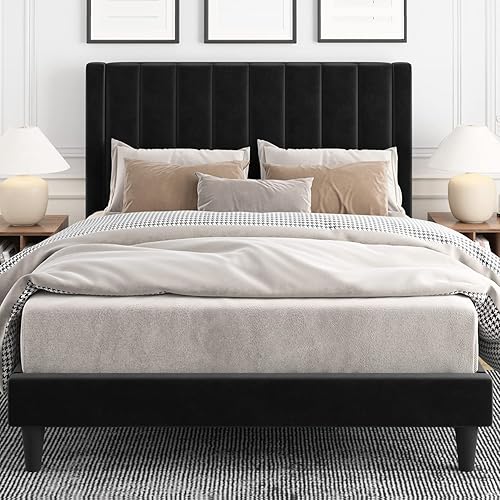 IMUsee Full Size Velvet Upholstered Tufted Platform Bed Frame with headboard, Strong Wooden Slats, Box Spring Optional, Mattress Foundation, Easy Assembly, Black