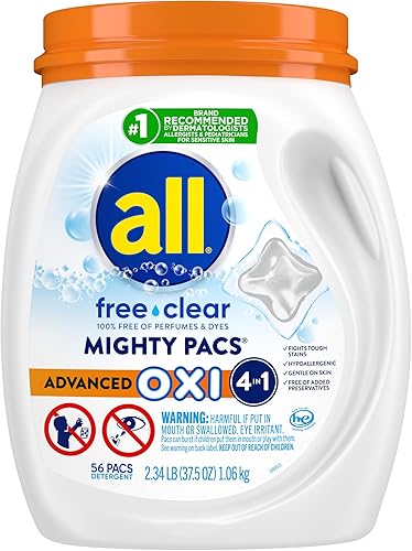 All Mighty Pacs - Detergente para ropa con quitamanchas y blanqueadores Oxi transparente libre bañera 56 unidades