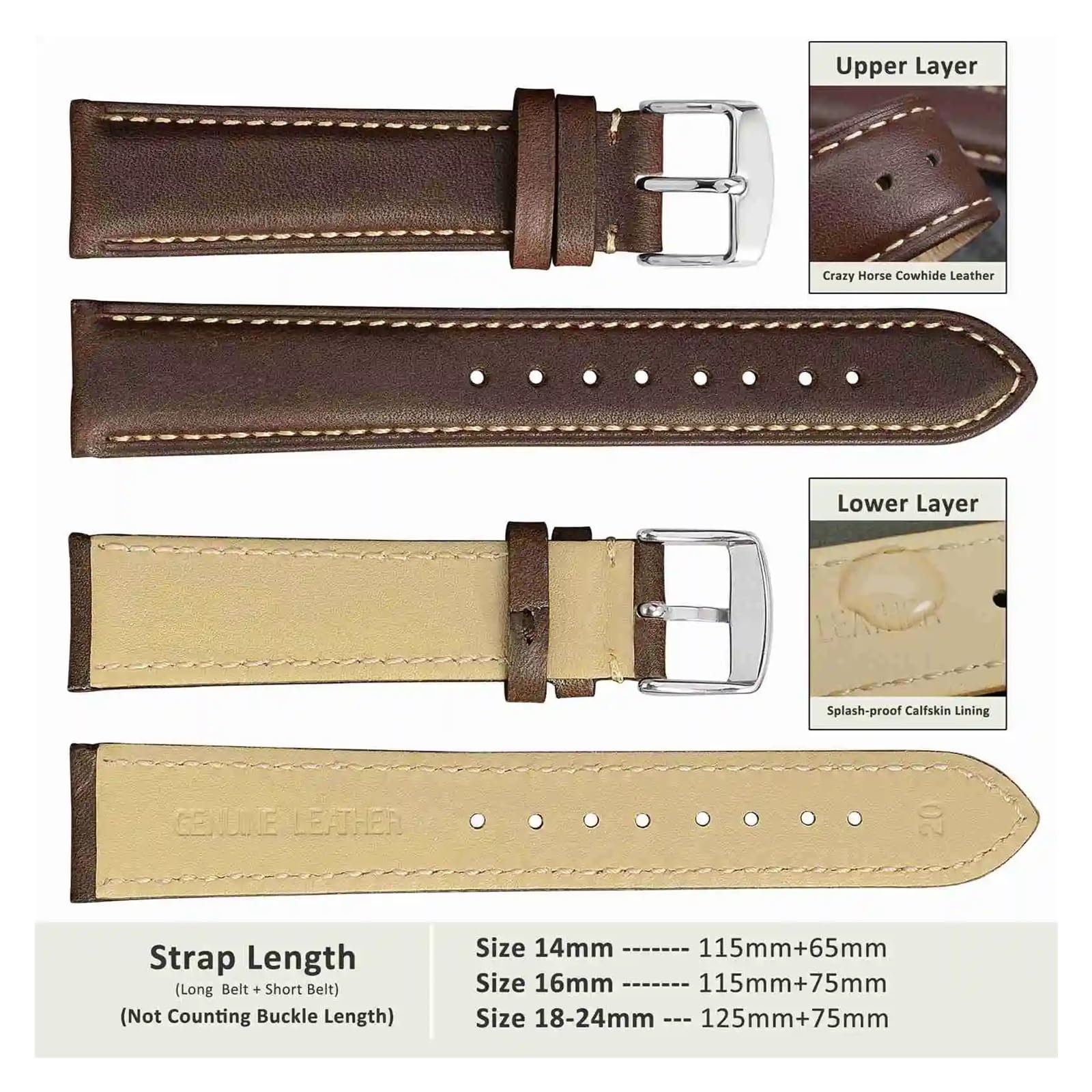 SiChouwz Bracelet De Montre En Cuir Véritable 14mm 16mm 18mm 19mm 20mm 21mm 22mm 23mm 24mm, Bandes De Remplacement For Hommes Et Femmes