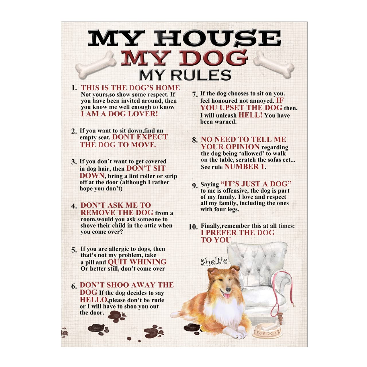 Sheltie Dog Metal Sign Plaque My House Rules For Garden Man Cave Home Bar Home Decor Shed Garage Poster Gift size 10x8in ref7974