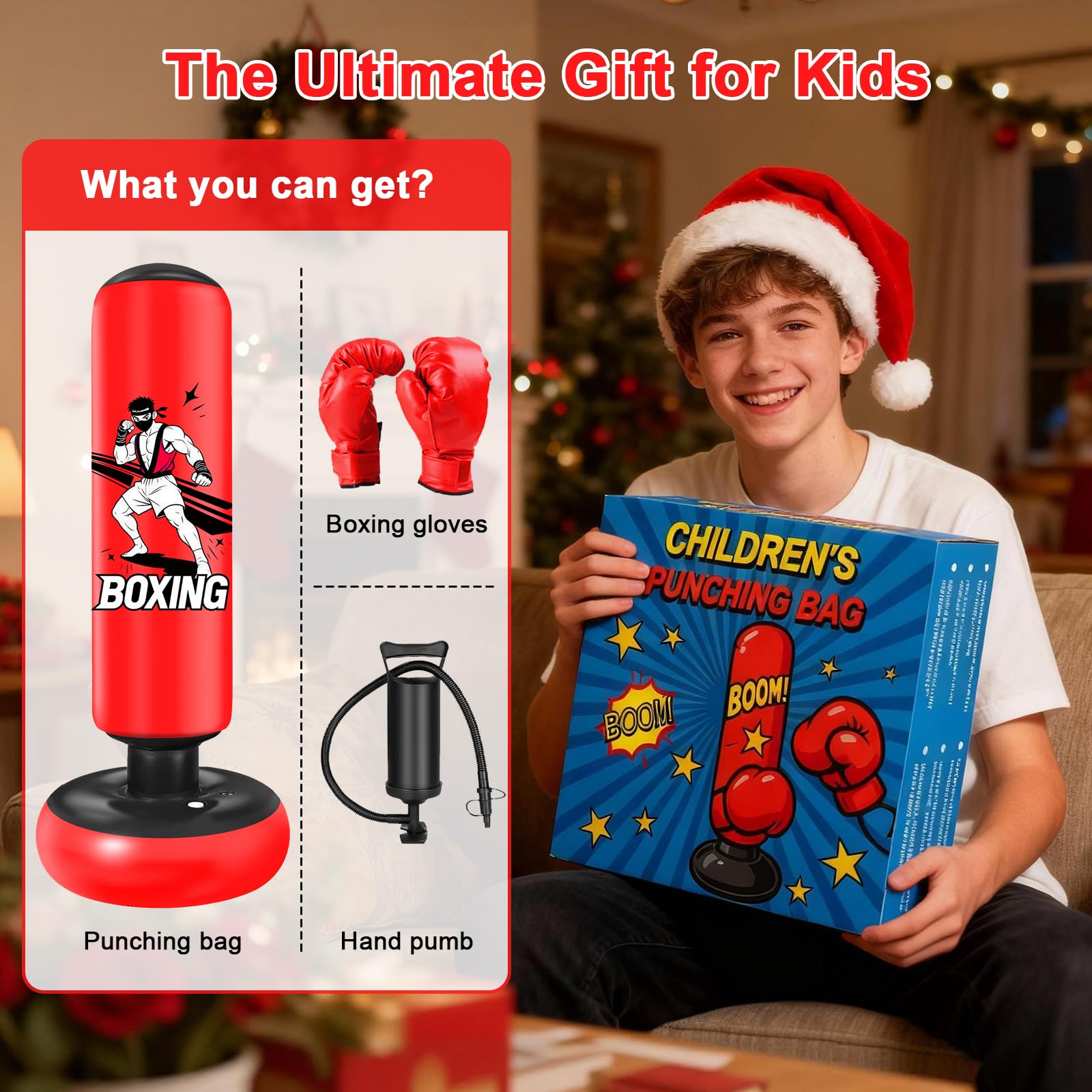 Saco de Boxeo de Pie, 168 cm Saco Boxeo Niños, Inflable Bolsa De Boxe con Guantes y Bomba para Practicar MMA Karate Taekwondo Punching Ball para 5-18 Niños Adolescentes