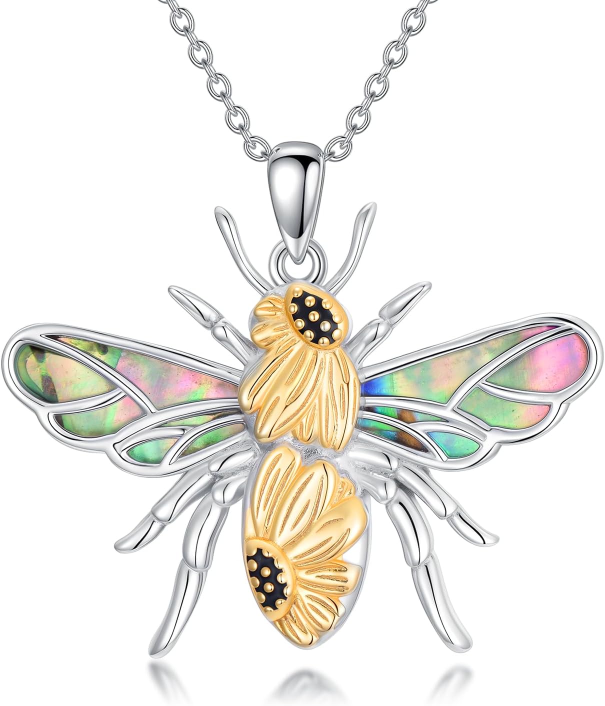 ROMANTICWORK Bee Necklace 925 Sterling Silver Abalone Shell Bumble Bee Sunflower Pendant Sunflower Jewellery Birthday Christmas Gifts for Women