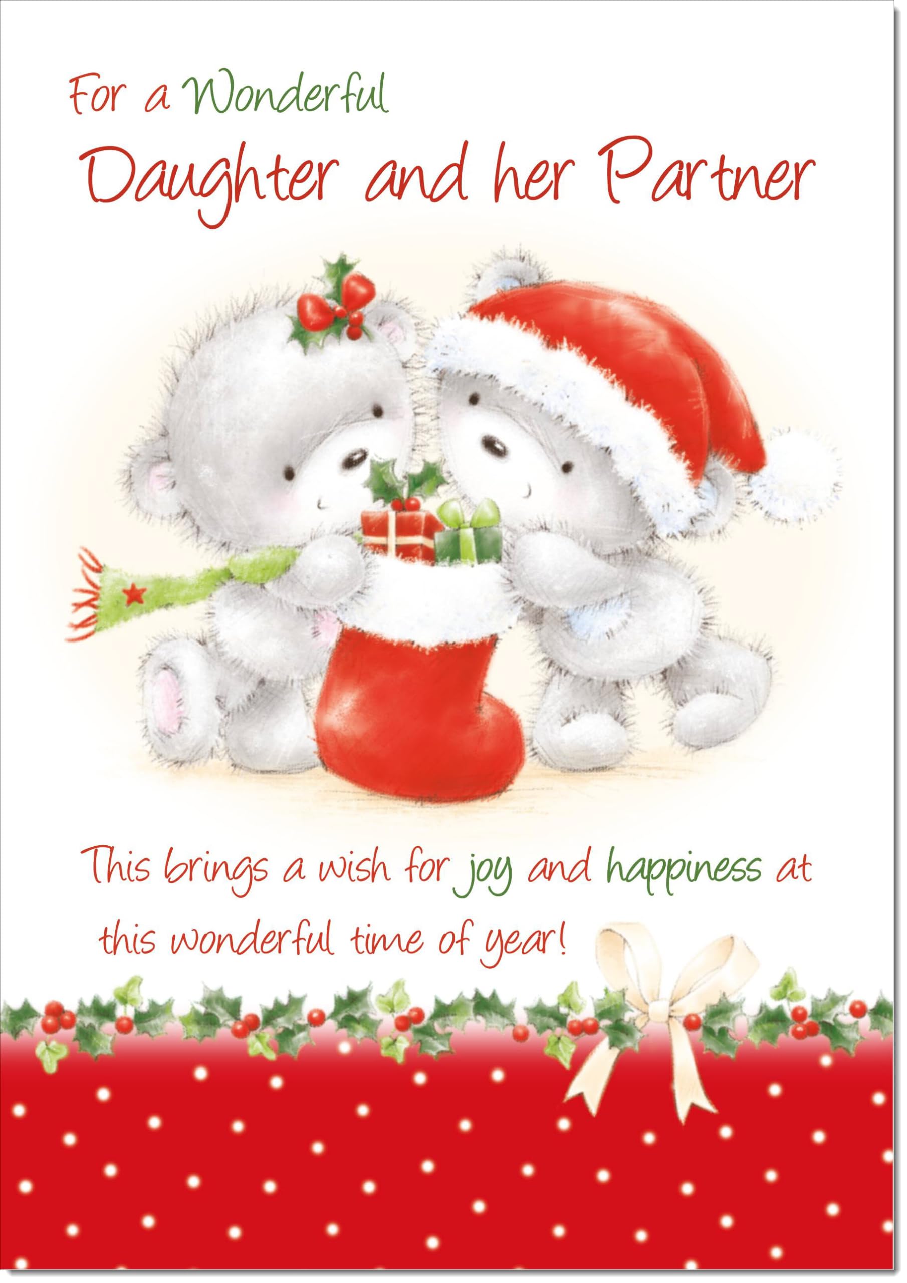 doodlecards Daughter and Partner Christmas Card Cute Bears with Stocking Large A4 Size Christmas Card for Daughter & Partner with Plain Envelope — image 1