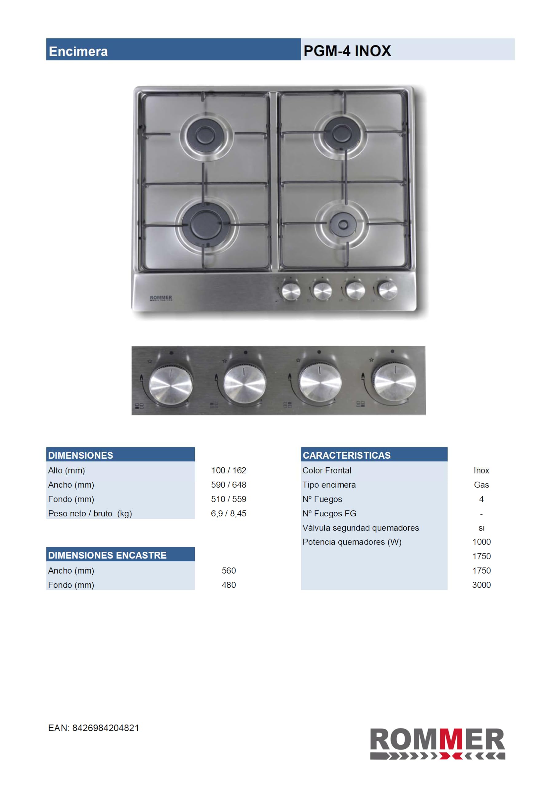 Placa gas Inox Rommer PGM-4 INOX, 4 fuegos, 7500W, INOX
