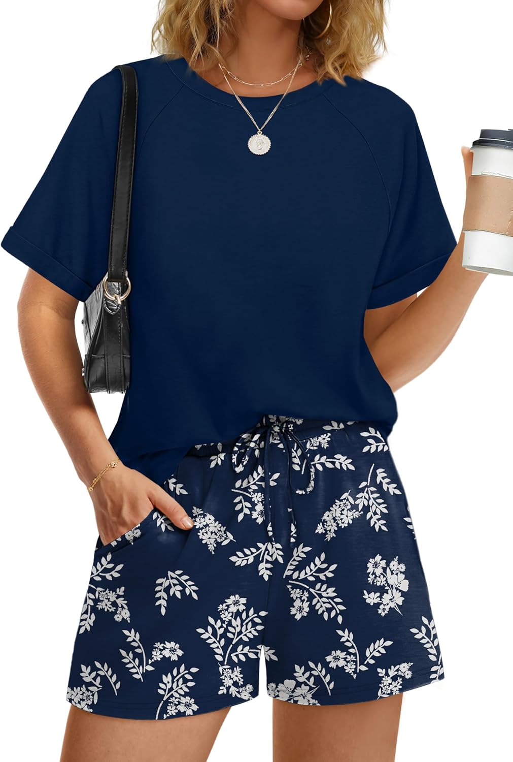 WIHOLL Two Piece Short Sets for Women Casual Summer Outfits Short Sleeve Crew Neck Lounge Matching Set