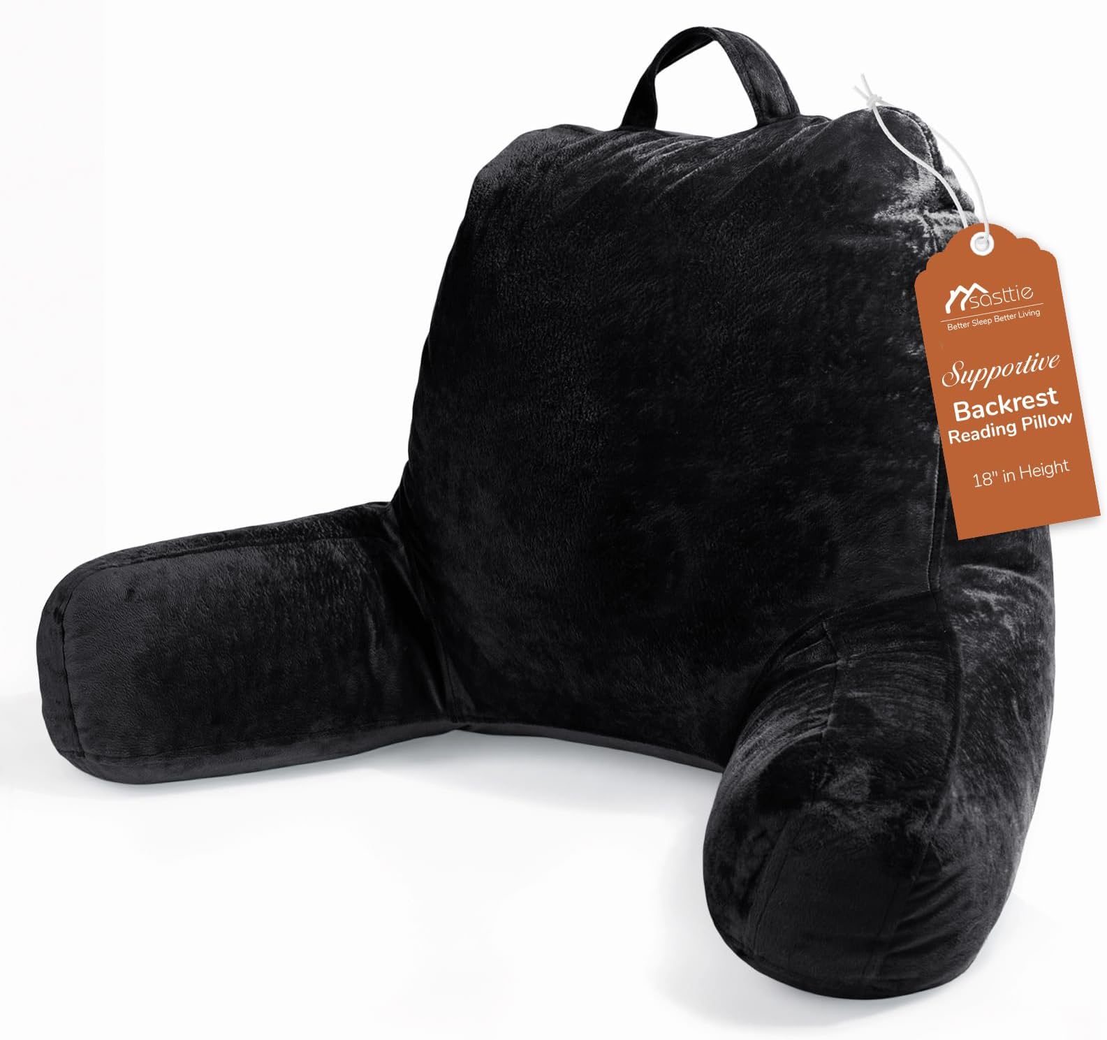 Sasttie Reading Pillow, Velvet Back Pillow for Bed Sitting Up, Adult Back-Rest Support Cushion with Arms for Sit Up on Couch, Sofa, and Floor, Dorm Essentials, Reading Accessories, Black