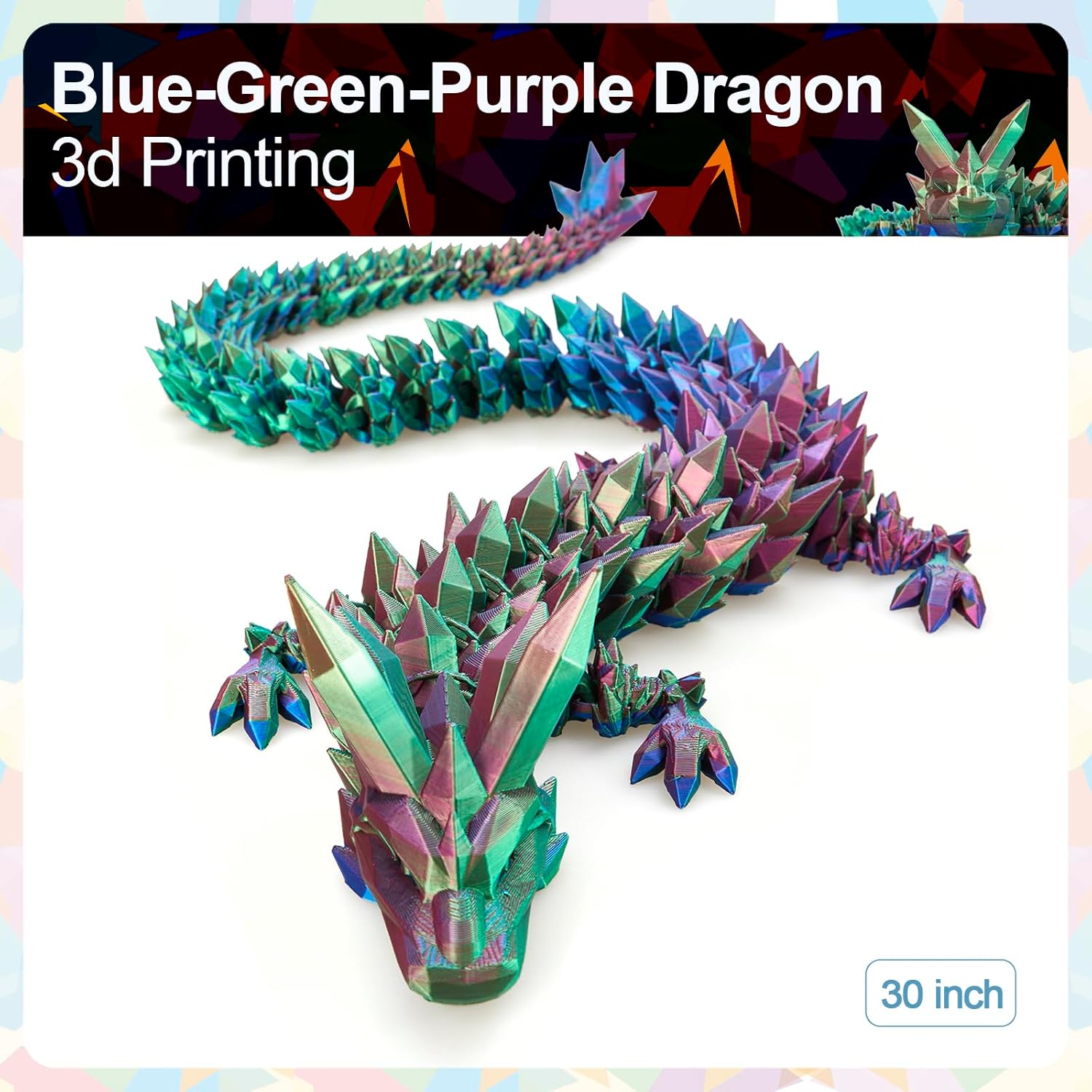 30" Large 3D Printed Dragon - Huge Articulated Crystal Dragon Fidget Toy, Giant Flexible 3D Dragon Figure, Birthday Gift for Boys Girls Kids & Collectors, Home Office Executive Desk Decor