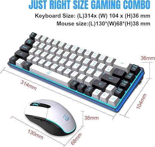 Miniatura 7 de Snpurdiri Combo de teclado y mouse inalámbricos 60% para juegos, batería recargable de 2000 mAh con retroiluminación azul hielo, mini teclado